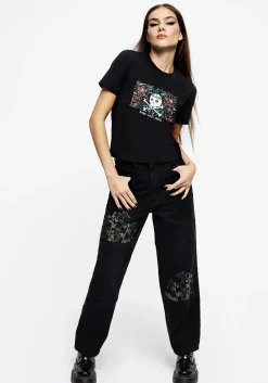 Death Conquers All Floral Skull Embroidered Graphic Crop Tee