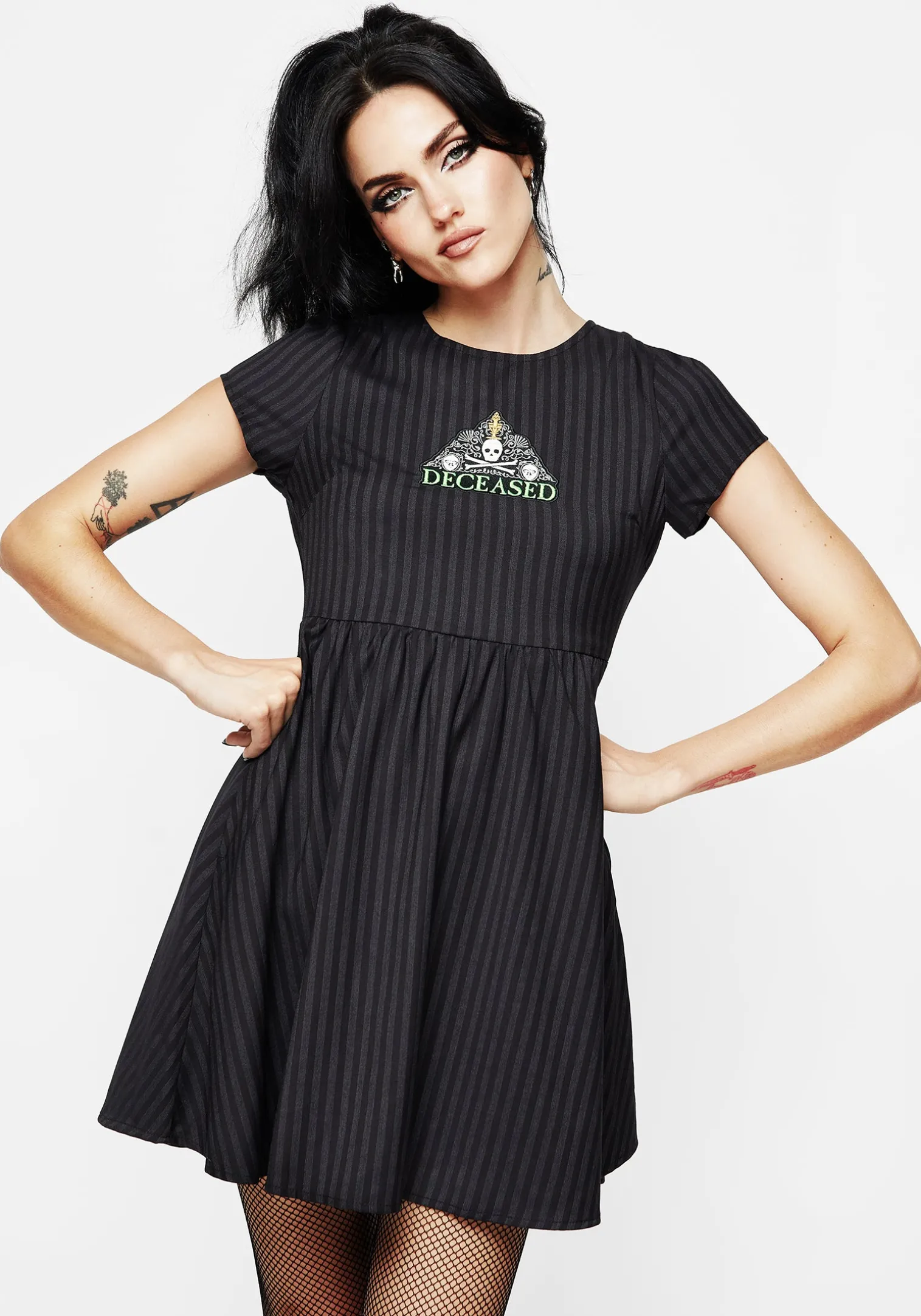 Deceased Embroidered Striped Mini Skater Dress