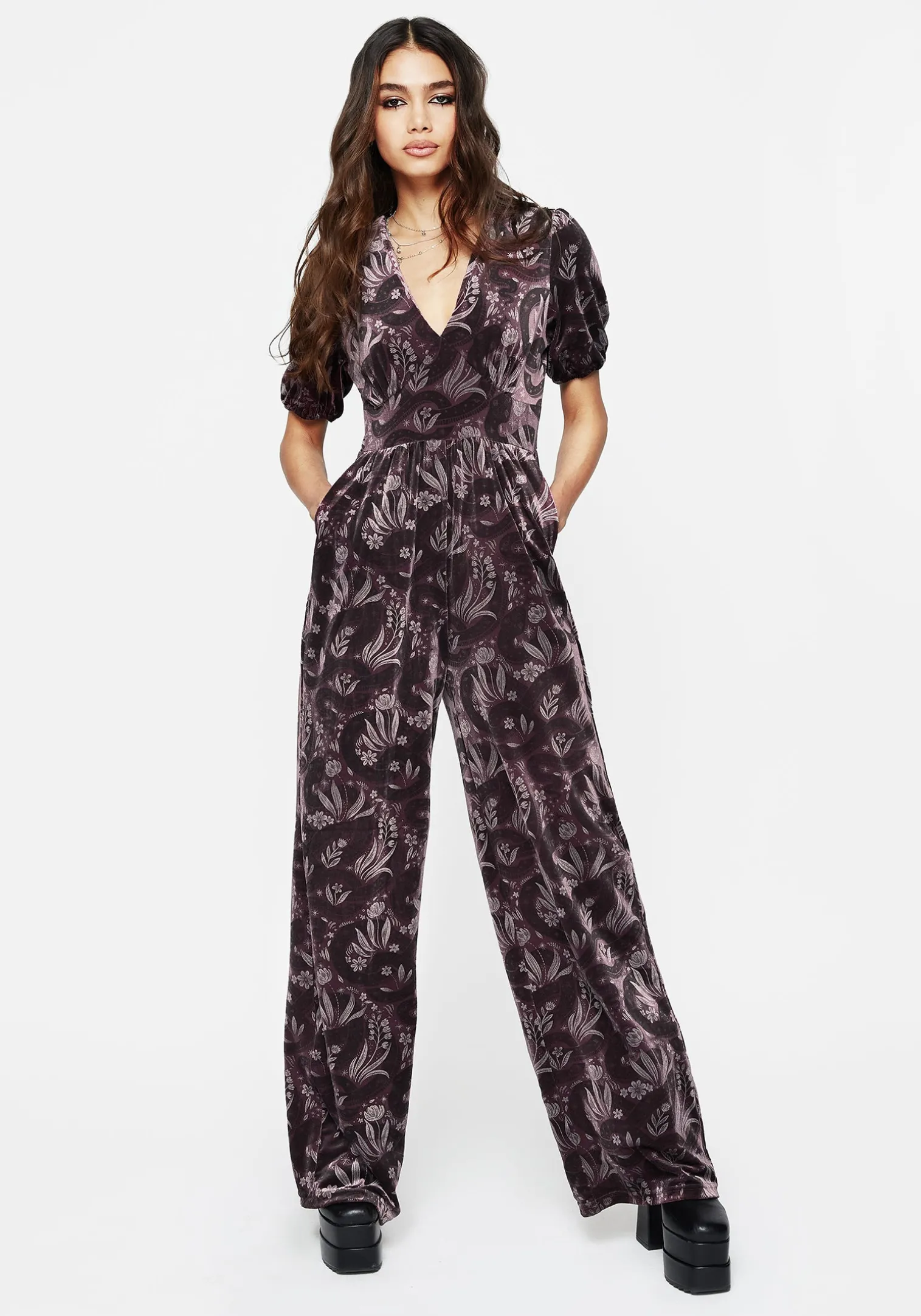 Deception Snake Foil Print Velour Jumpsuit