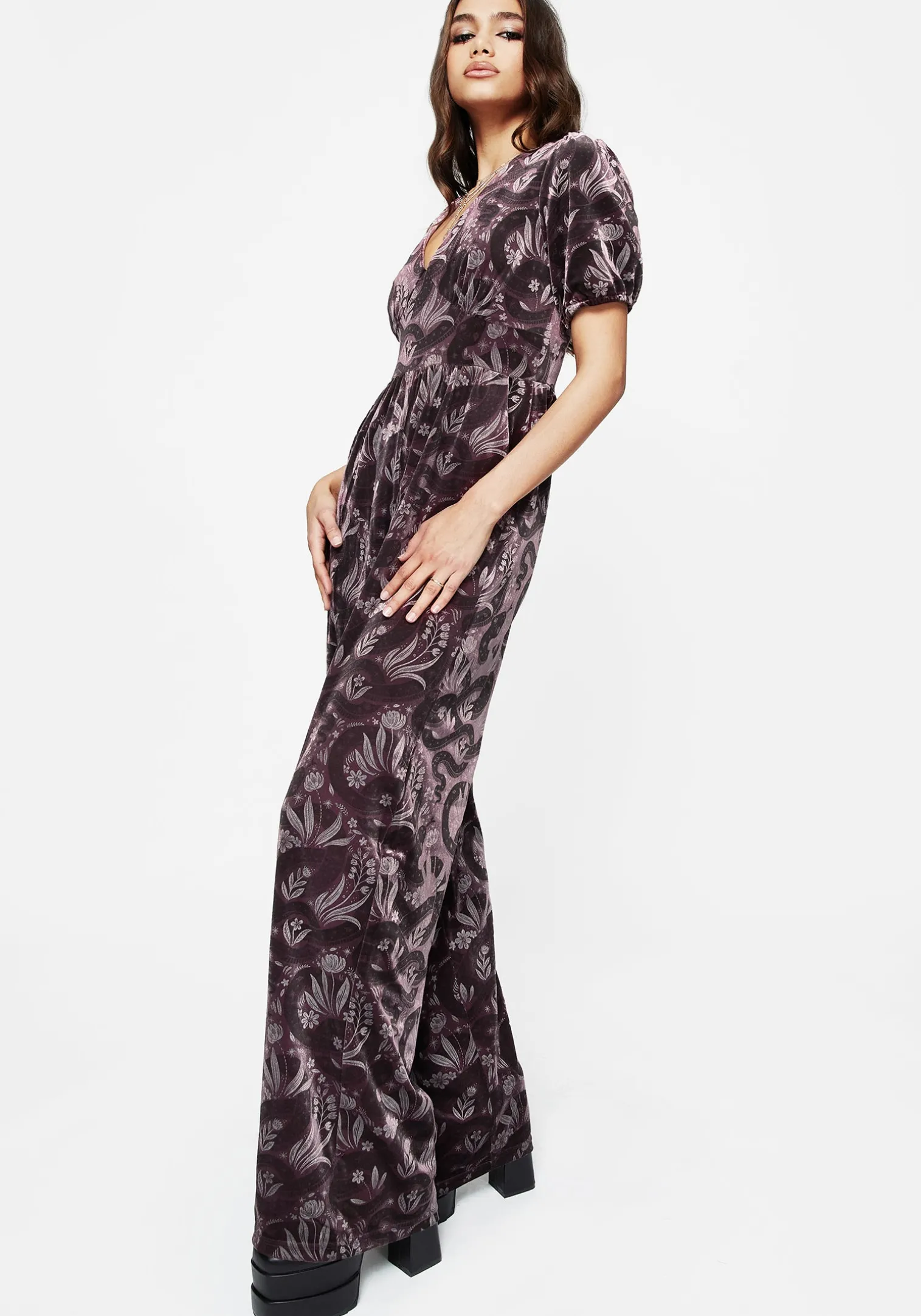 Deception Snake Foil Print Velour Jumpsuit