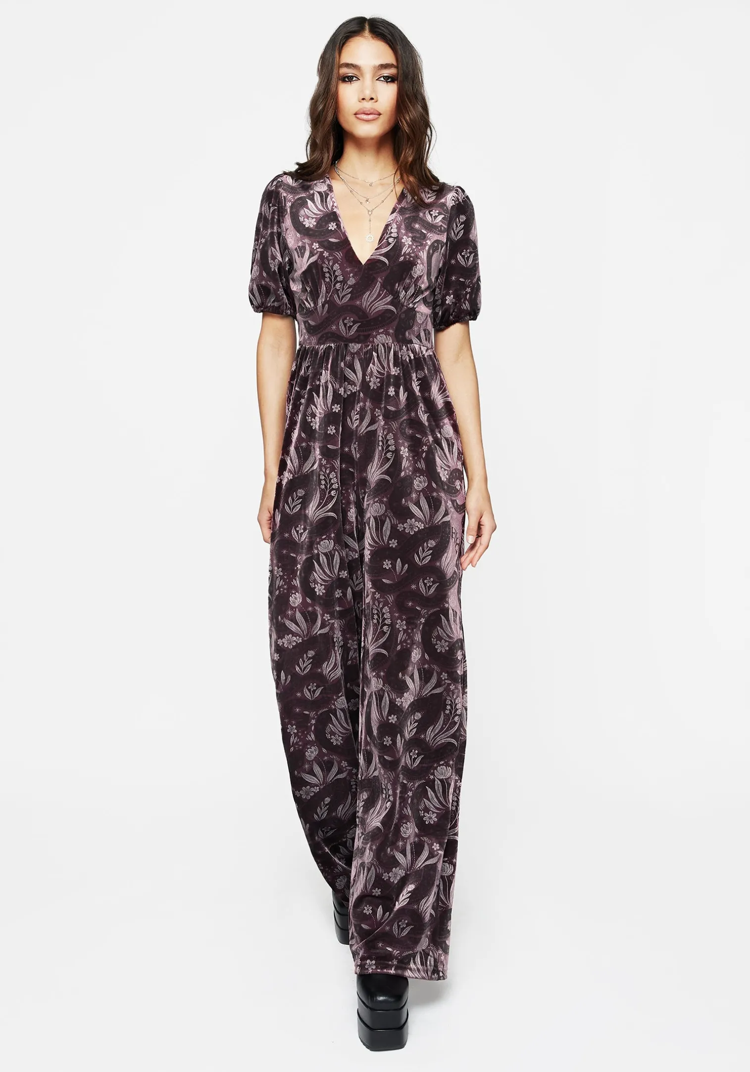 Deception Snake Foil Print Velour Jumpsuit