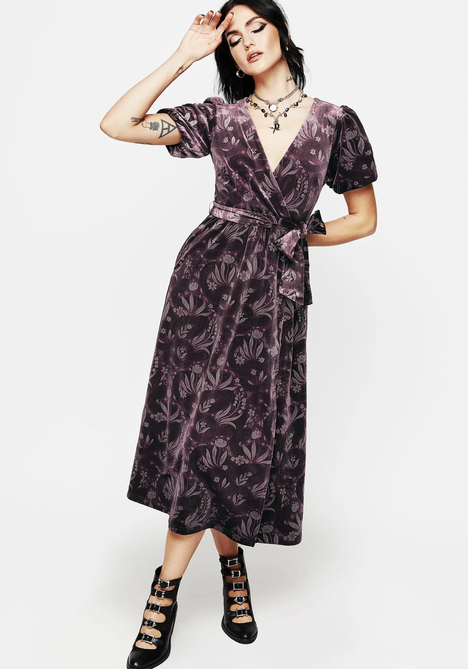 Deception Snake Foil Print Velour Midi Wrap Dress