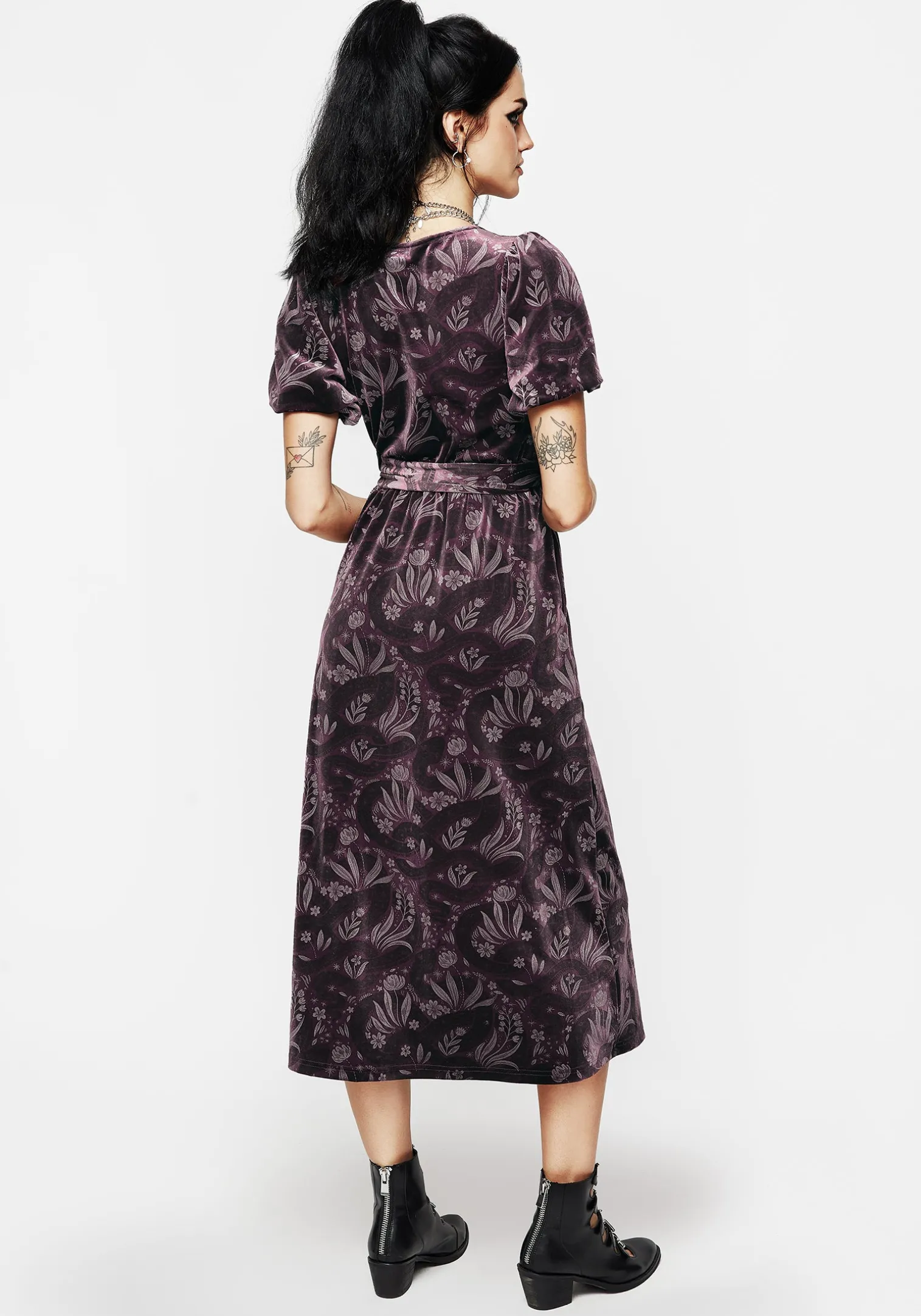 Deception Snake Foil Print Velour Midi Wrap Dress