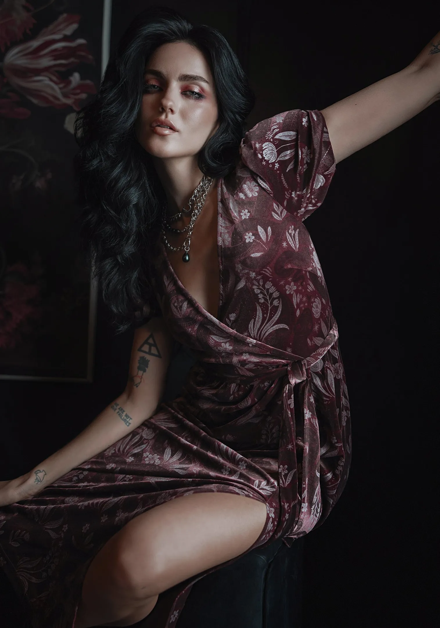 Deception Snake Foil Print Velour Midi Wrap Dress