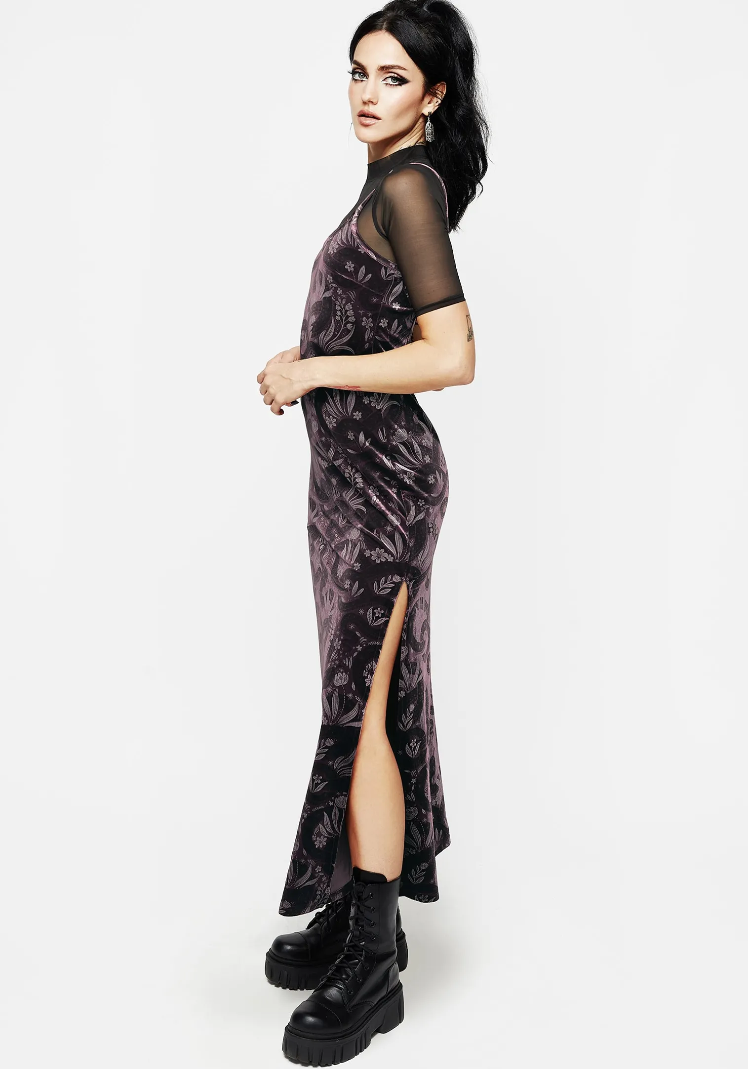 Deception Snake Foil Print Velour Maxi Slip Gown