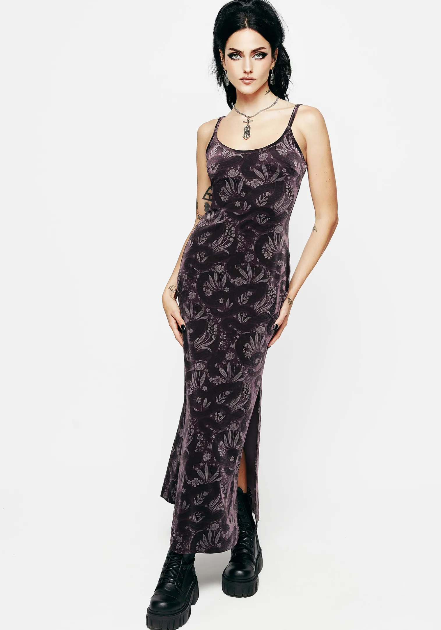 Deception Snake Foil Print Velour Maxi Slip Gown