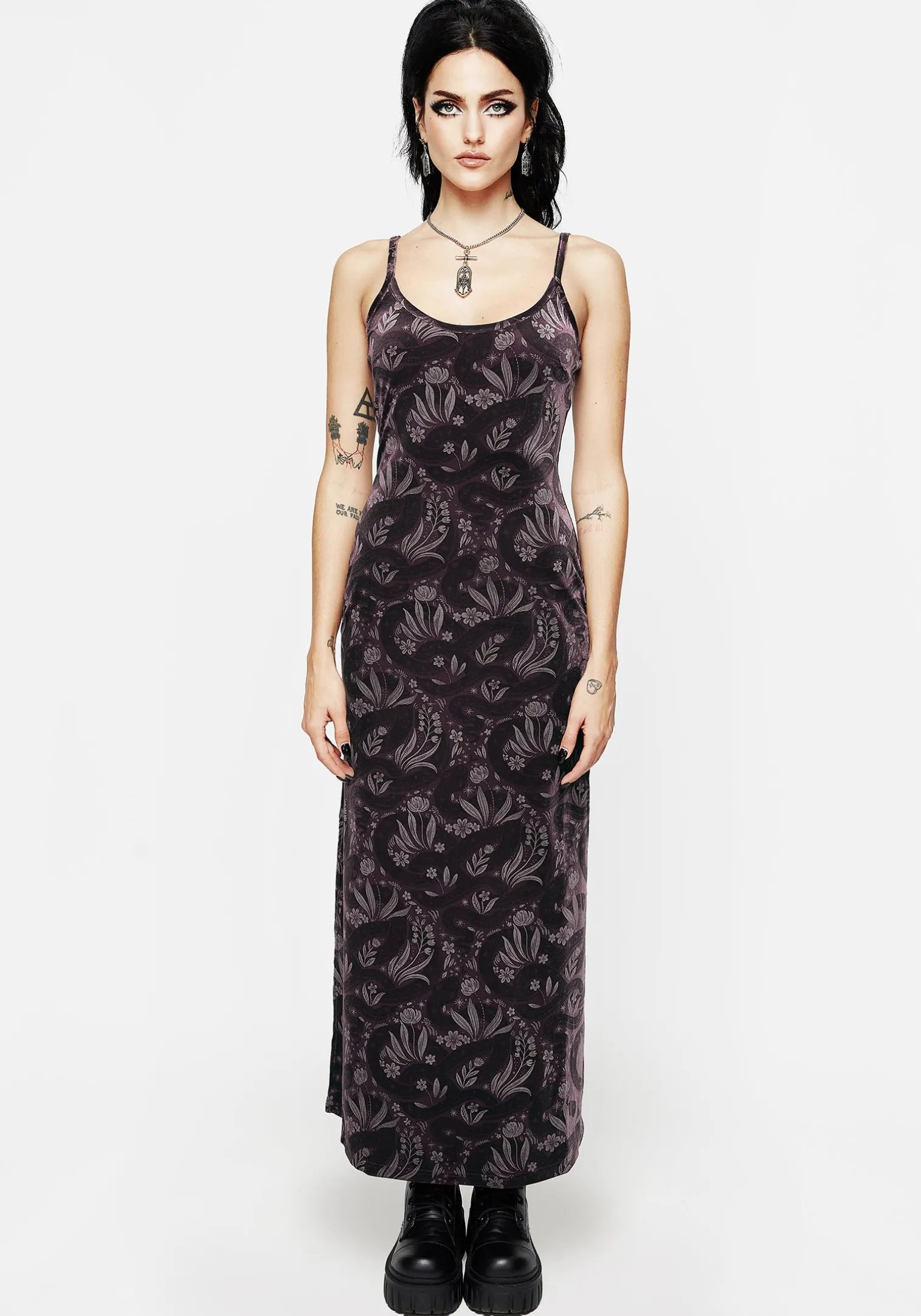 Deception Snake Foil Print Velour Maxi Slip Gown