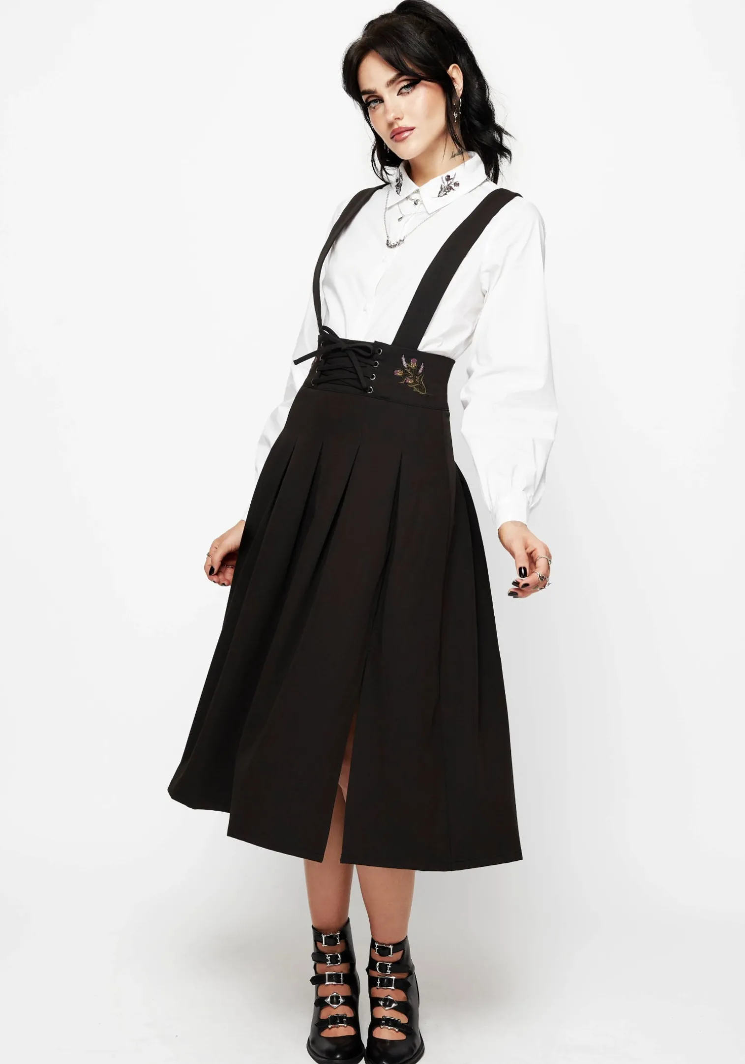 Despair Thistle Embroidered Tailored Pleated Pinafore Midi Skirt