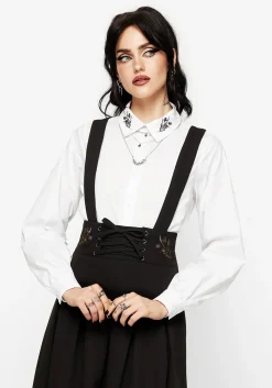 Despair Thistle Embroidered Tailored Pleated Pinafore Midi Skirt