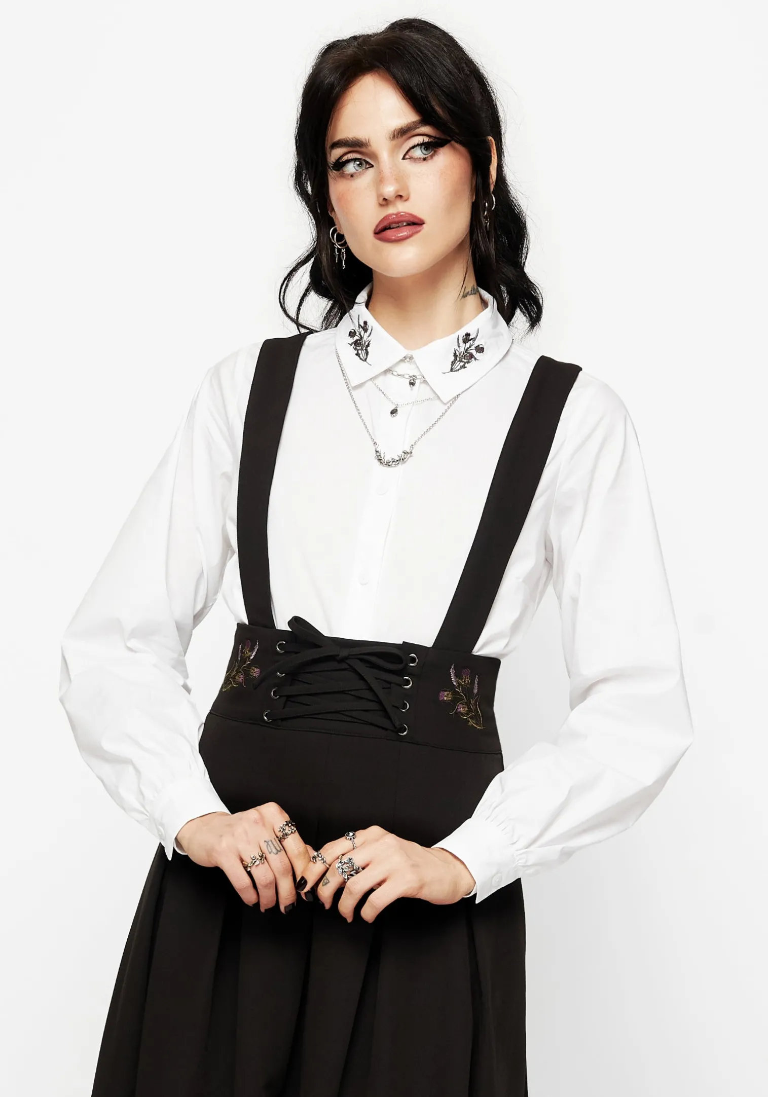 Despair Thistle Embroidered Tailored Pleated Pinafore Midi Skirt