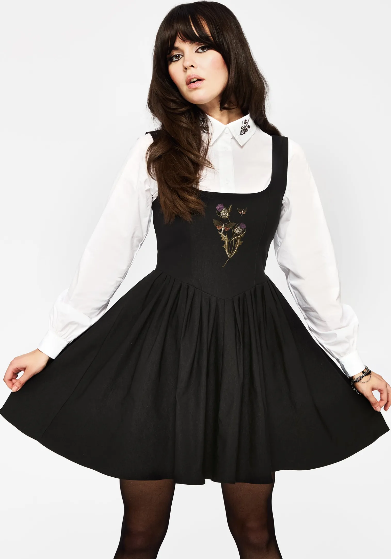 Despair Thistle Embroidered Corset Bodice Pleated Mini Dress