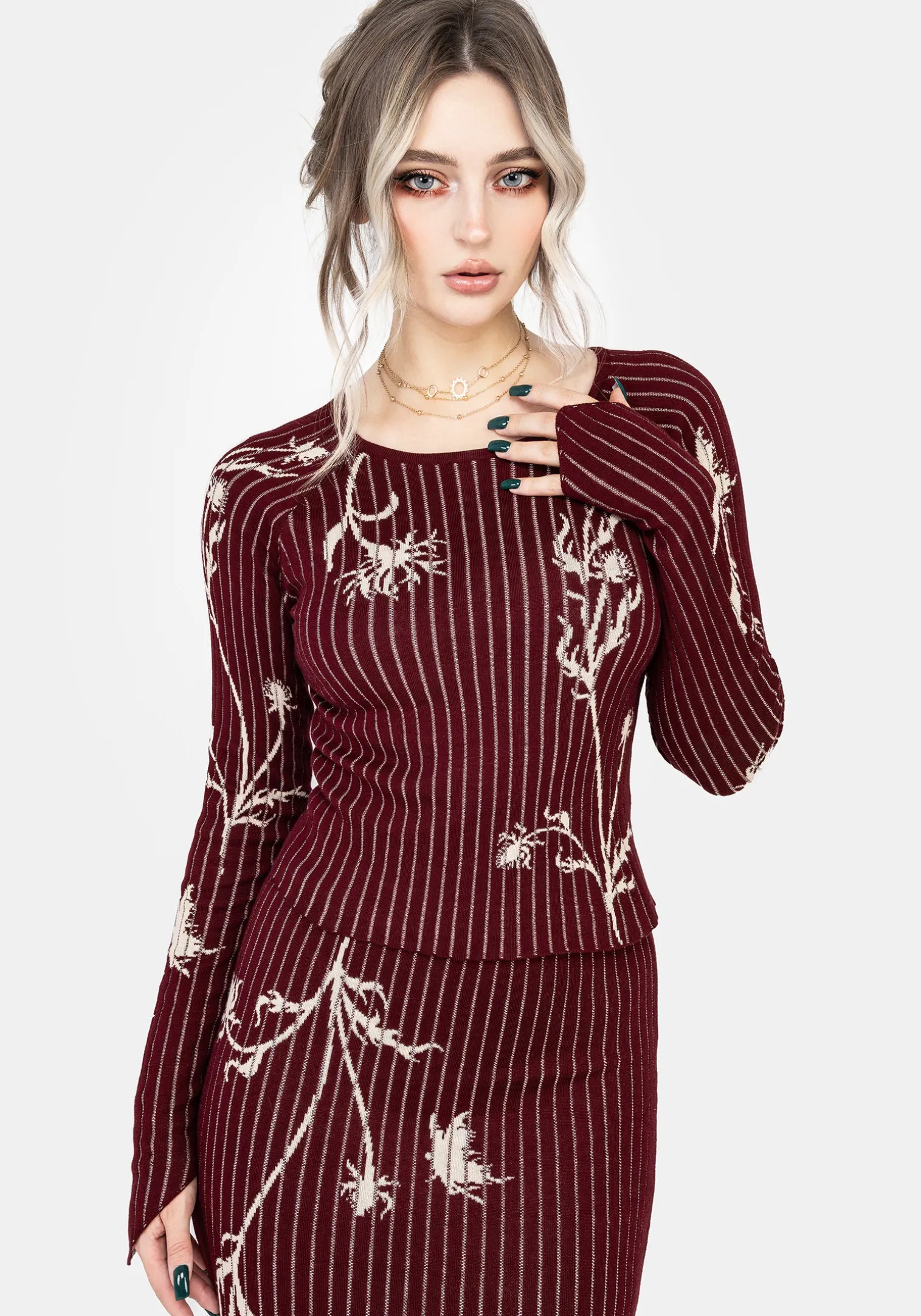 Diastella Floral Jacquard Rib Knit Raglan Sleeve Top - Red