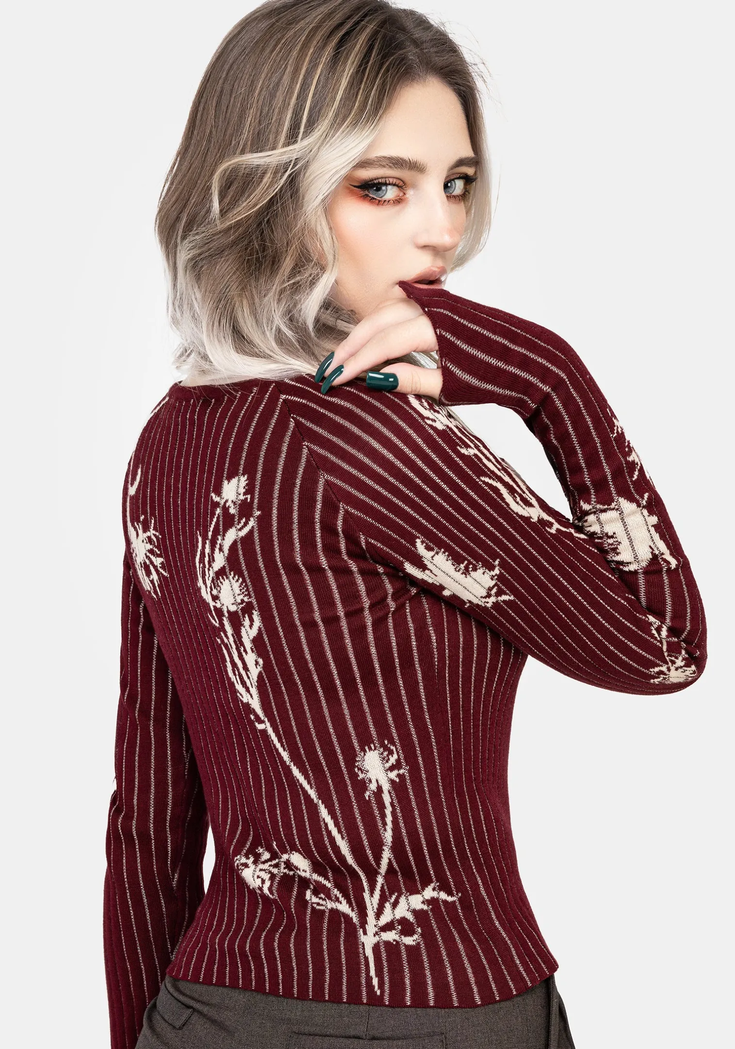 Diastella Floral Jacquard Rib Knit Raglan Sleeve Top - Red