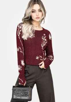 Diastella Floral Jacquard Rib Knit Raglan Sleeve Top - Red