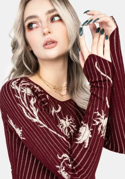 Diastella Floral Jacquard Rib Knit Raglan Sleeve Top - Red