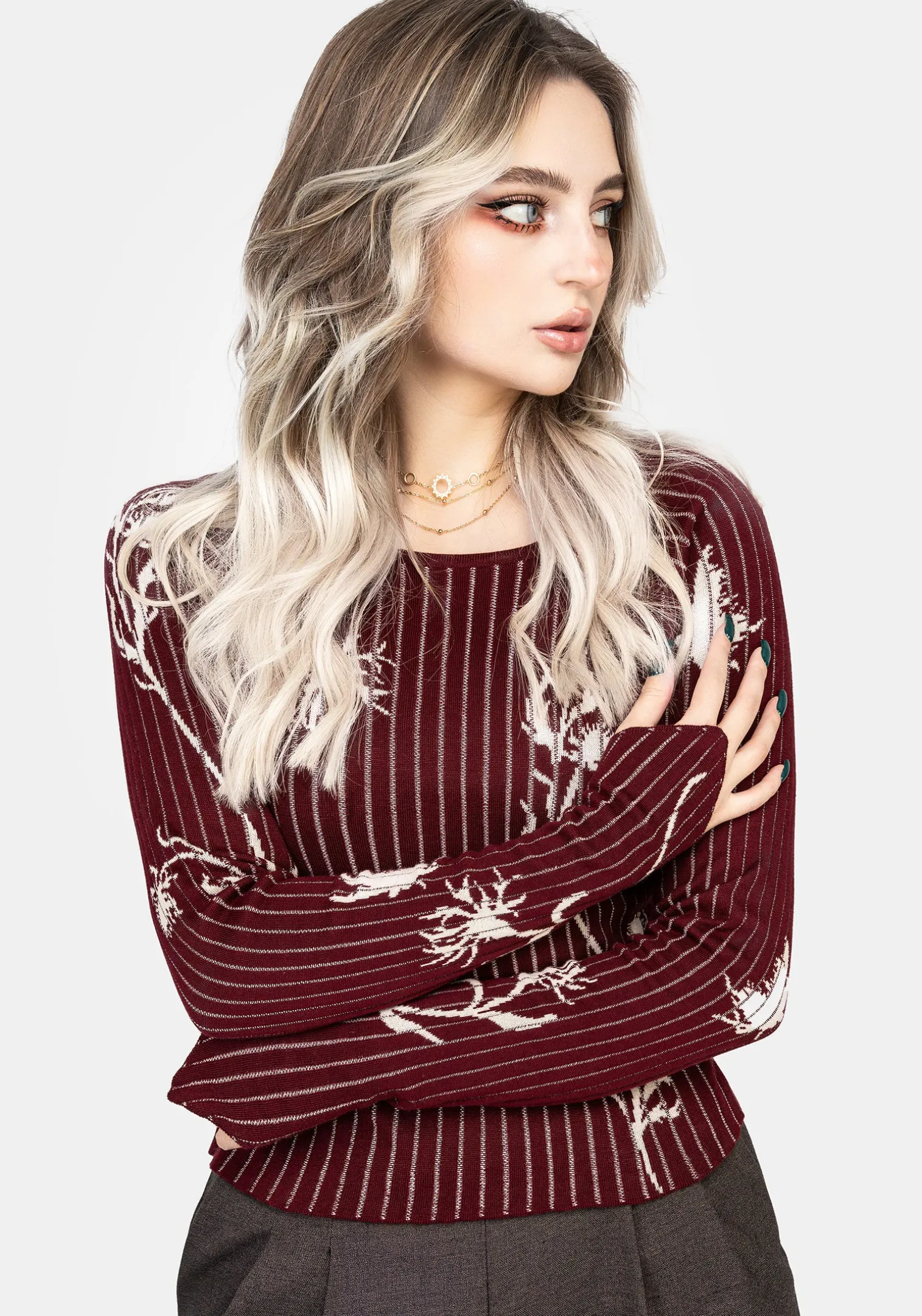 Diastella Floral Jacquard Rib Knit Raglan Sleeve Top - Red
