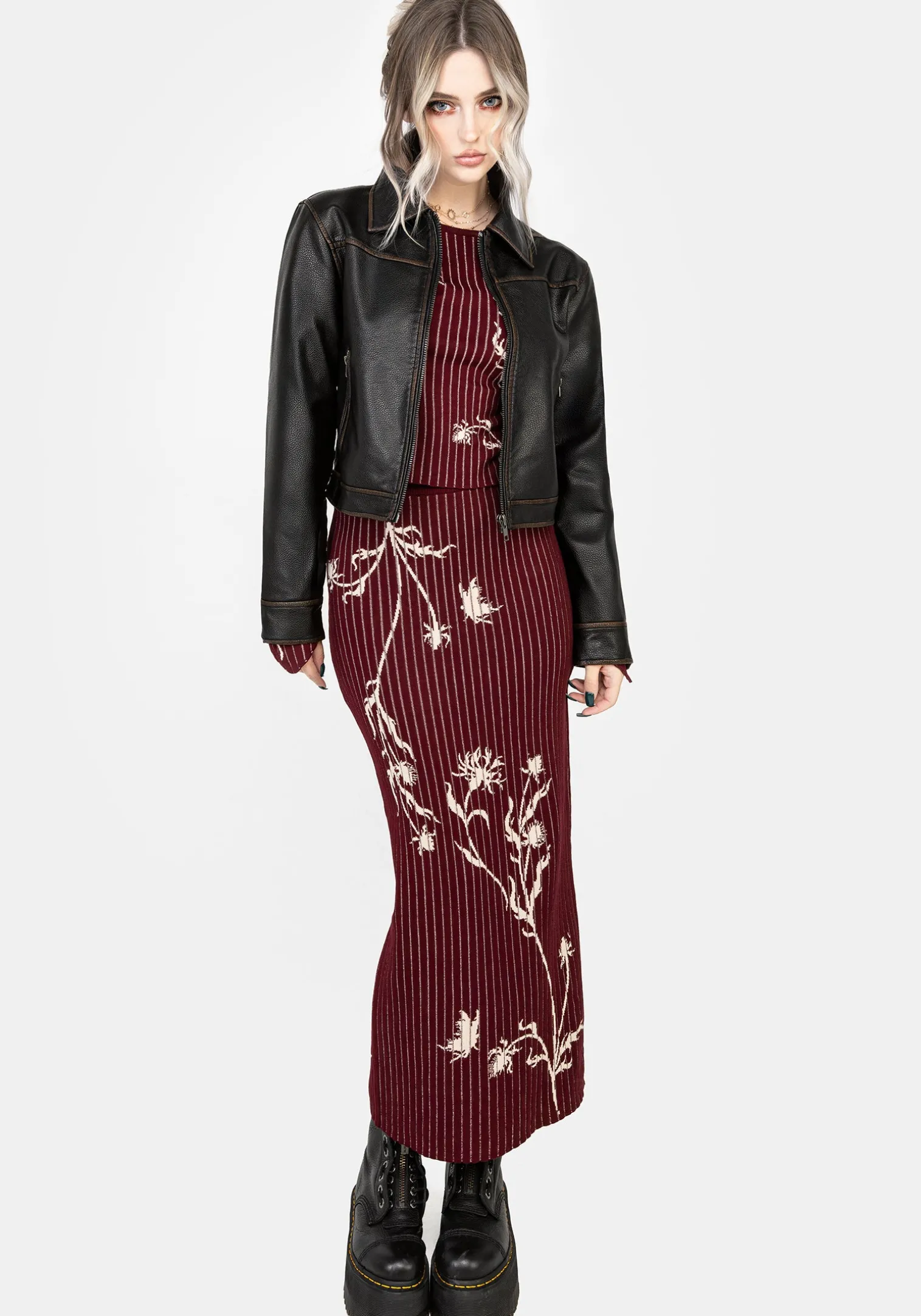 Diastella Floral Jacquard Rib Knit Raglan Sleeve Top - Red