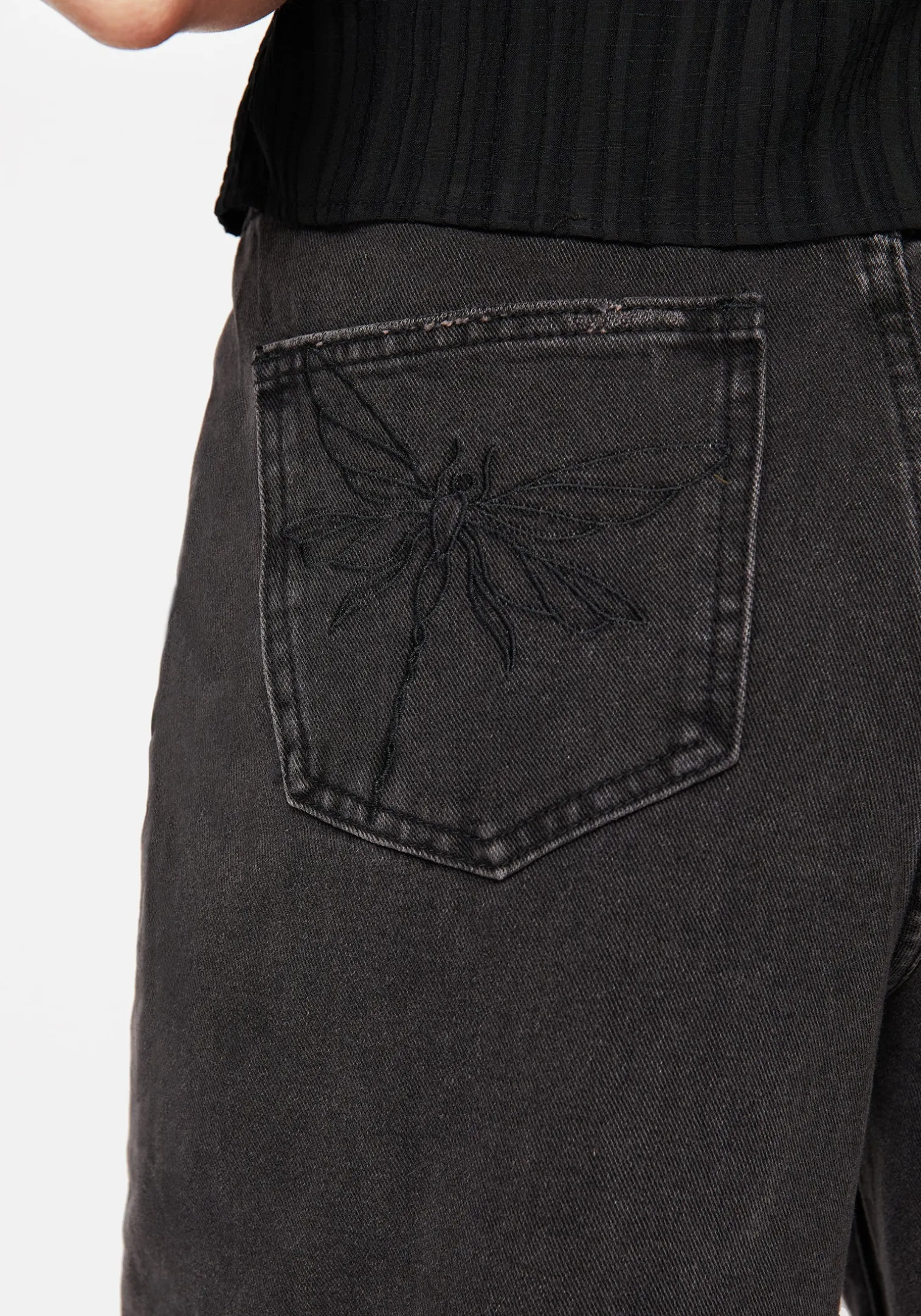 Dragonfly Embroidered Wide Leg Denim Culotte Jeans