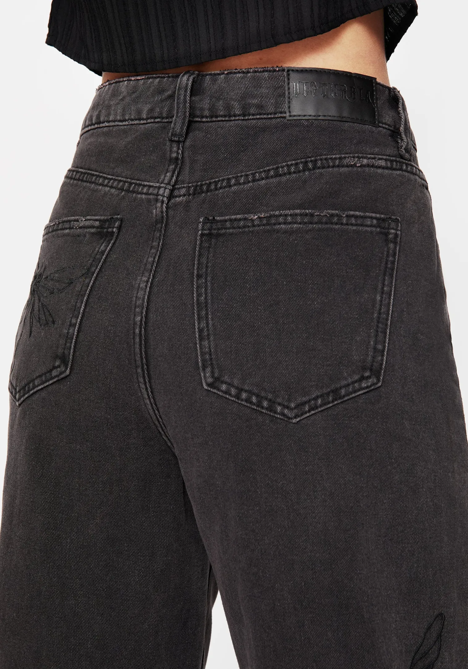 Dragonfly Embroidered Wide Leg Denim Culotte Jeans