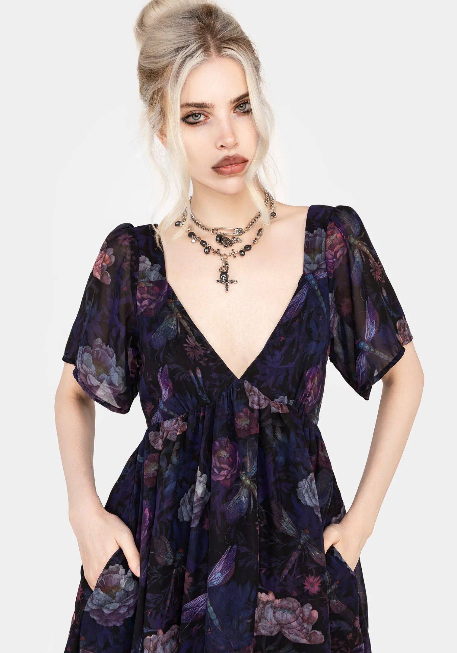 Dragonfly Floral Print Chiffon Handkerchief Hem Dress