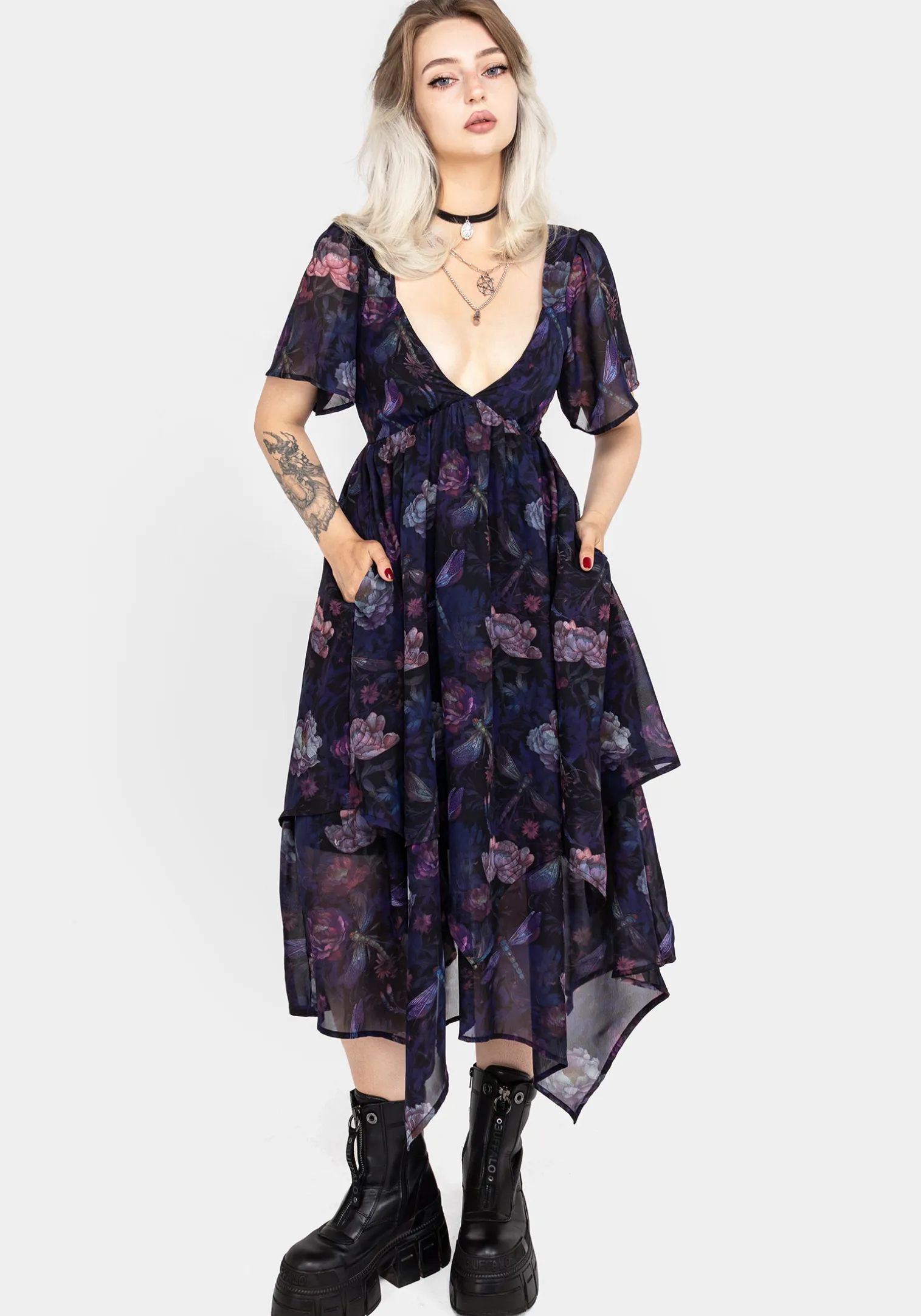 Dragonfly Floral Print Chiffon Handkerchief Hem Dress