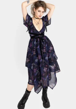 Dragonfly Floral Print Chiffon Handkerchief Hem Dress