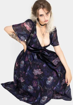 Dragonfly Floral Print Chiffon Handkerchief Hem Dress