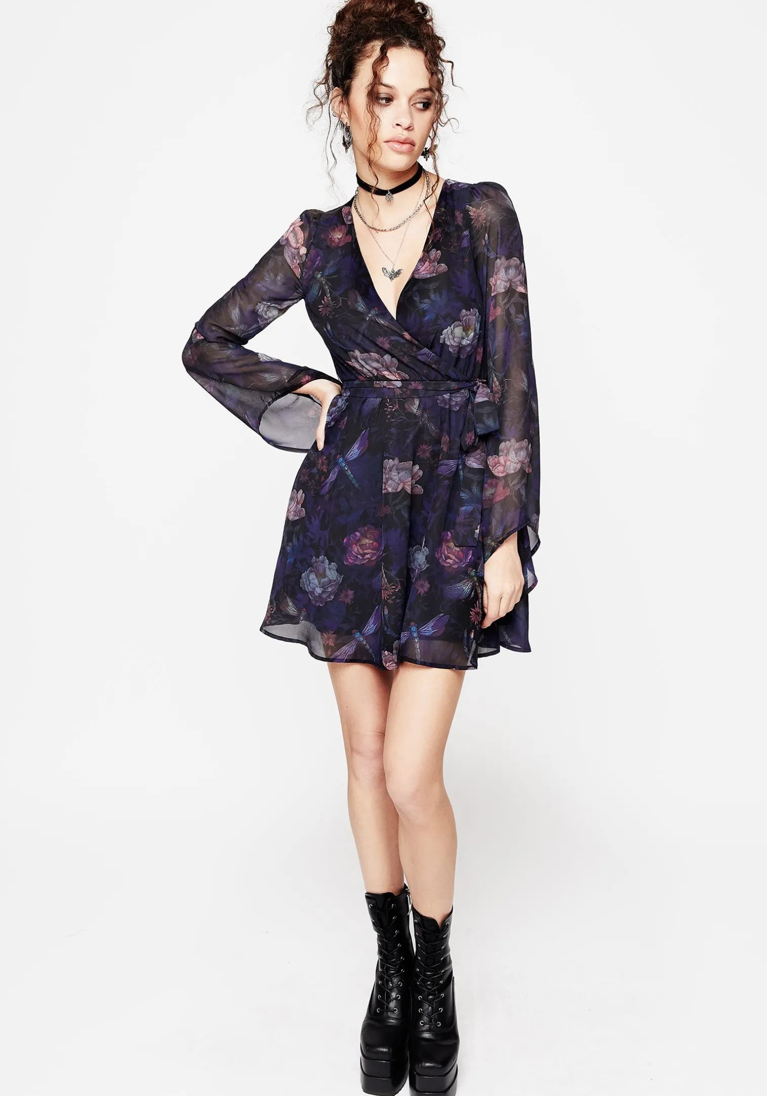 Dragonfly Floral Print Flute Sleeve Chiffon Mini Dress