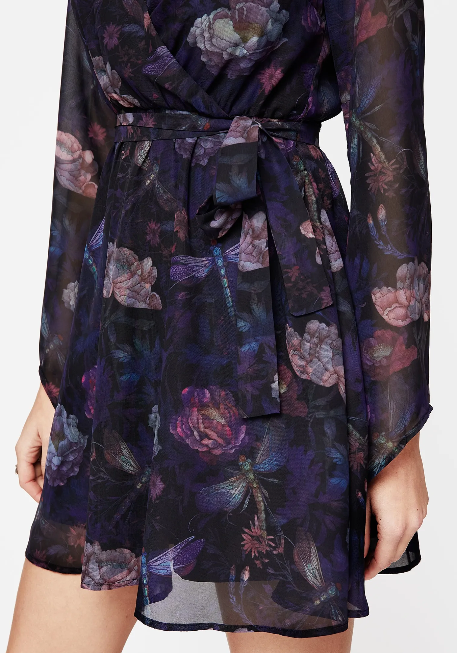 Dragonfly Floral Print Flute Sleeve Chiffon Mini Dress