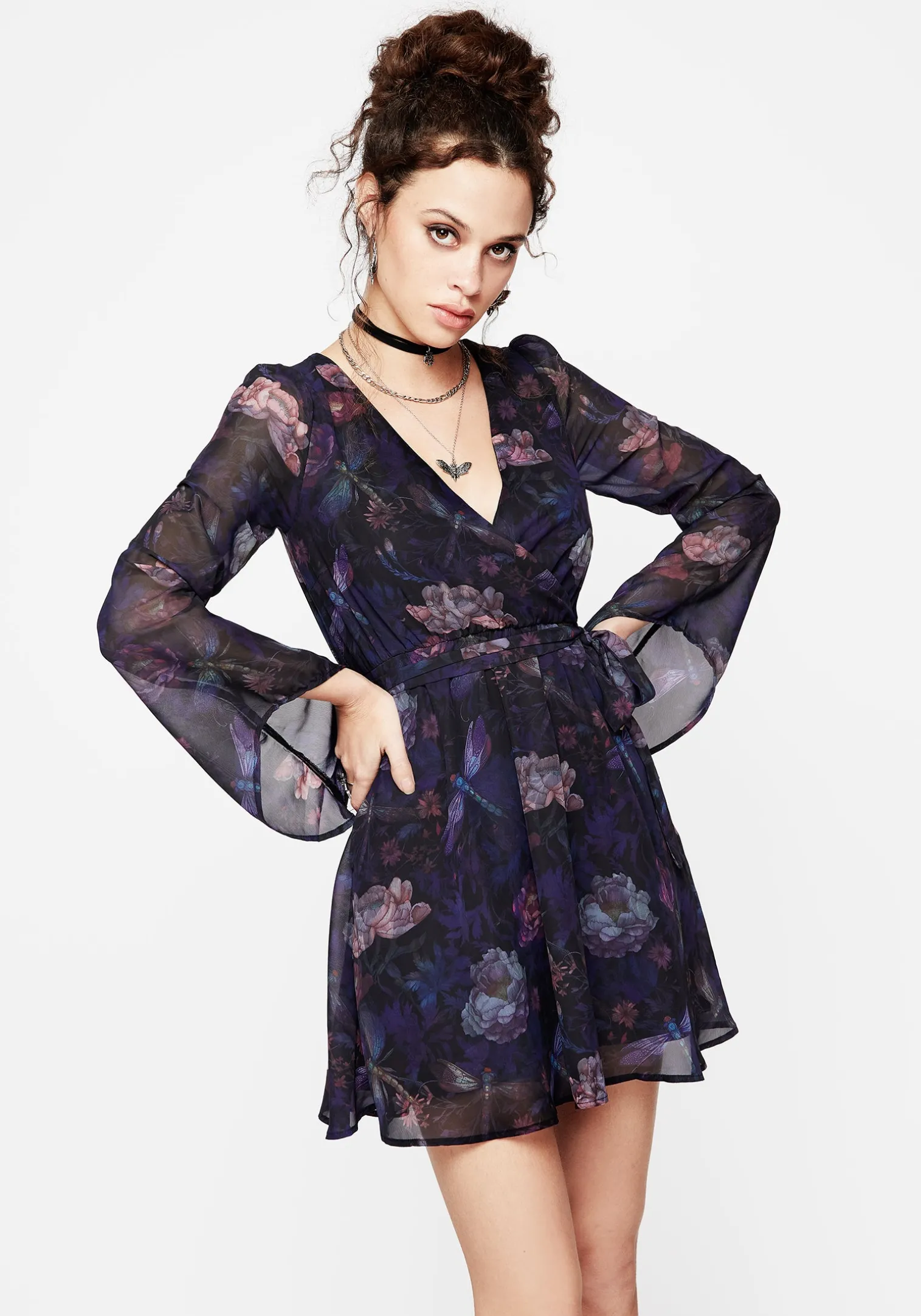 Dragonfly Floral Print Flute Sleeve Chiffon Mini Dress