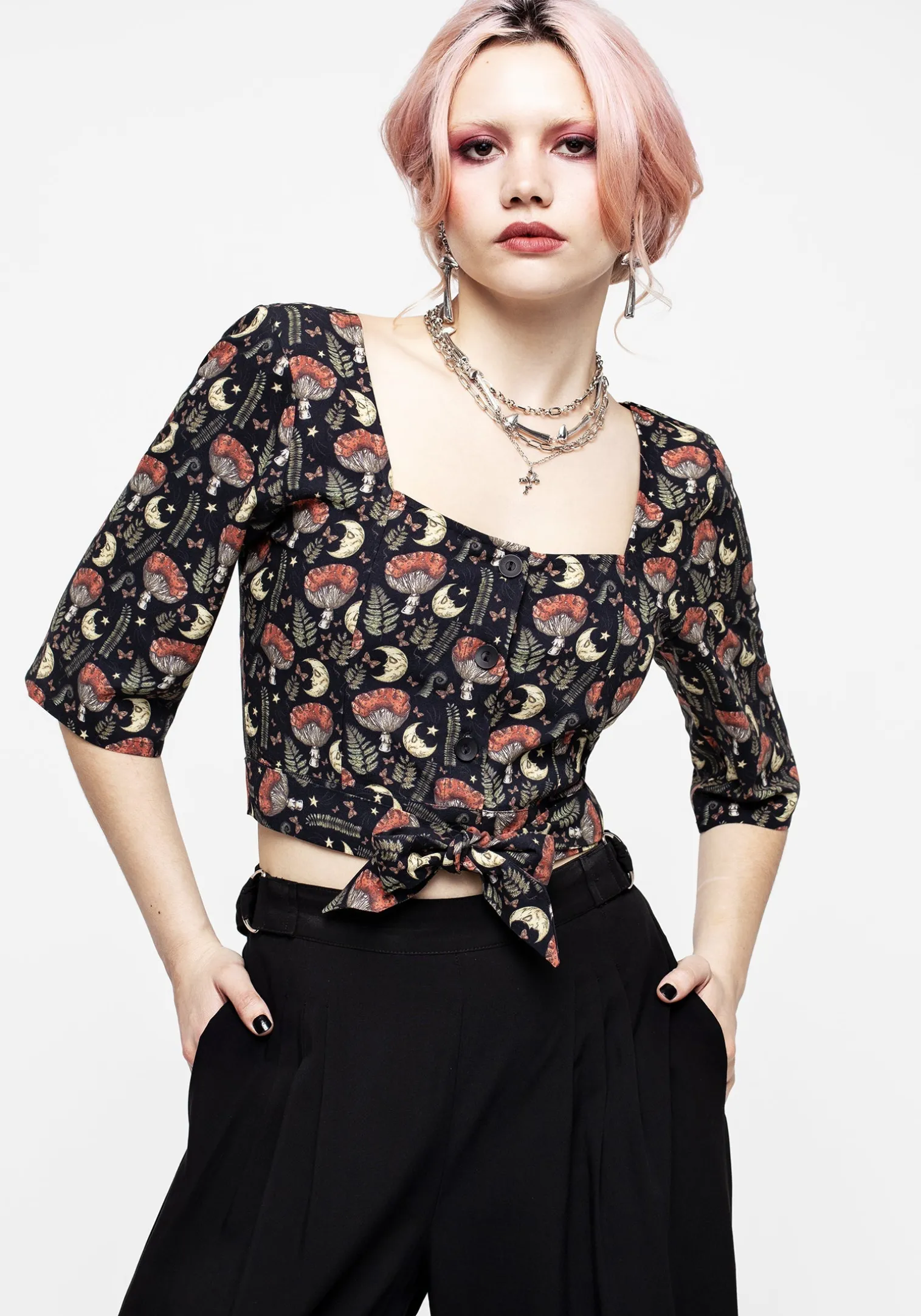 Dreamfast Mushroom Moon Print Button Up Tie Crop Top