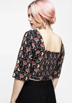 Dreamfast Mushroom Moon Print Button Up Tie Crop Top