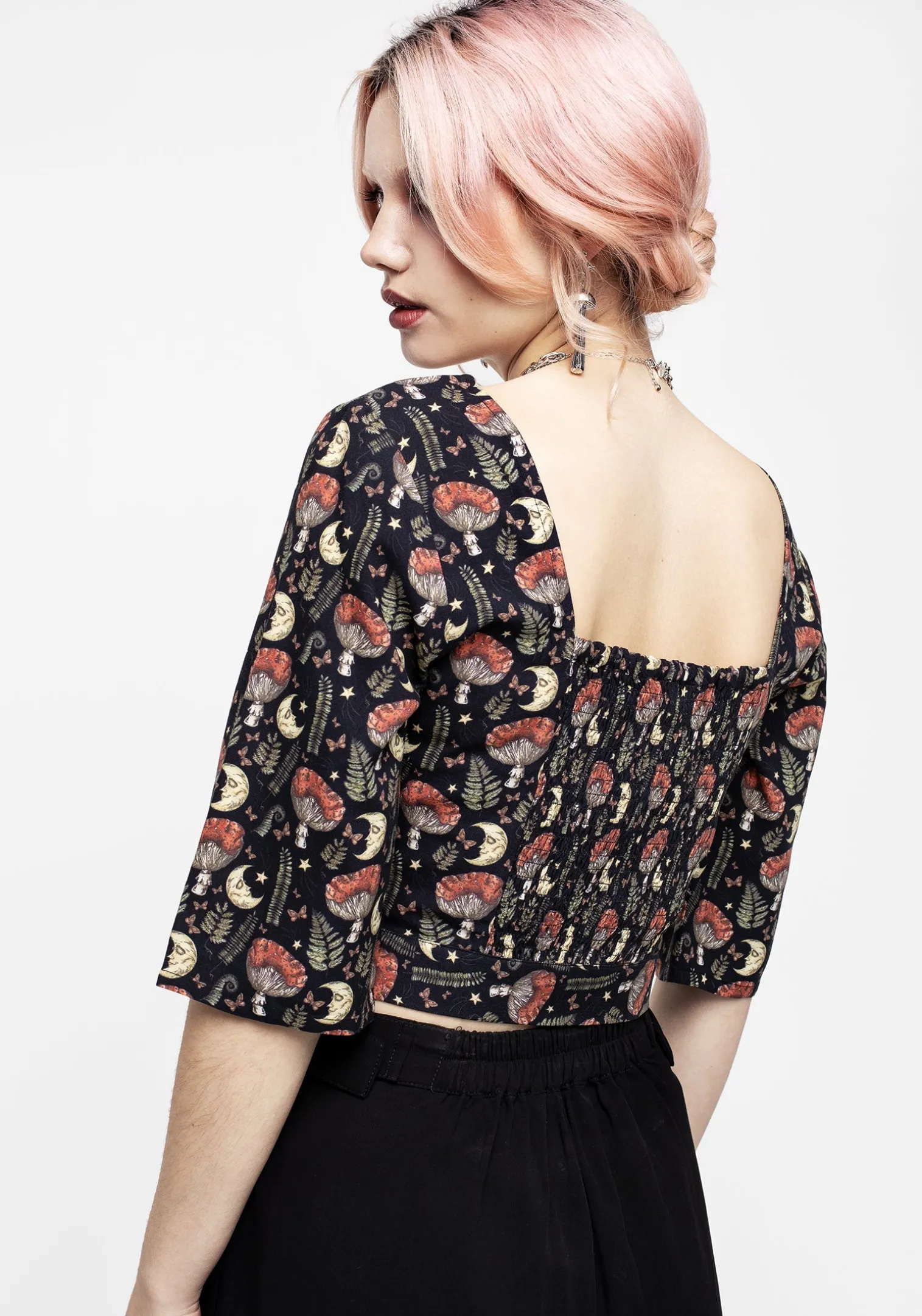 Dreamfast Mushroom Moon Print Button Up Tie Crop Top