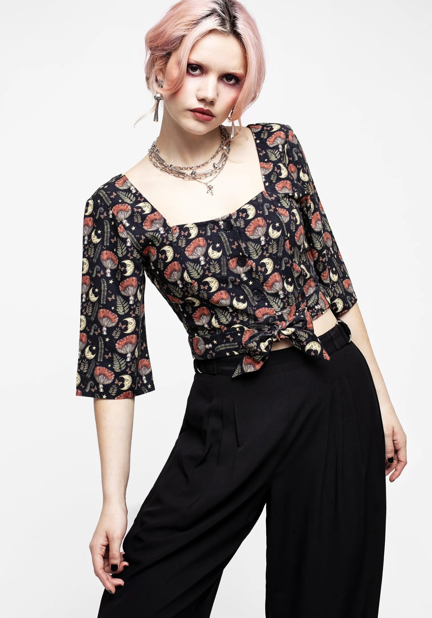 Dreamfast Mushroom Moon Print Button Up Tie Crop Top