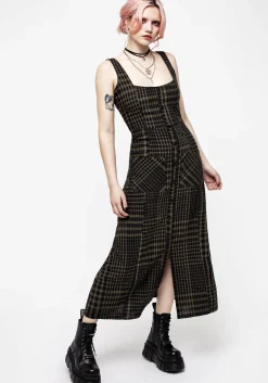 Dropout Check Sleeveless Button Down Midaxi Dress