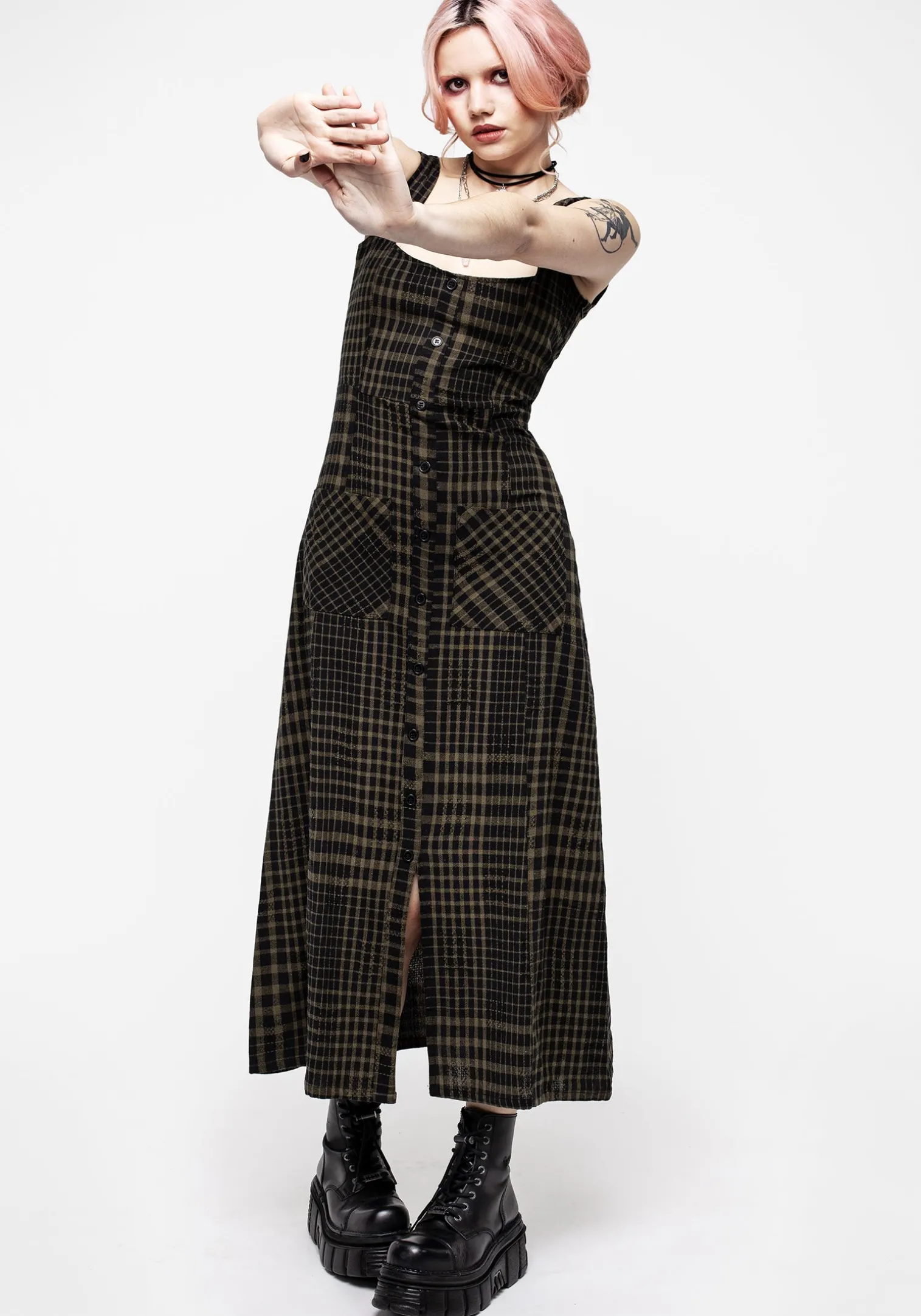 Dropout Check Sleeveless Button Down Midaxi Dress
