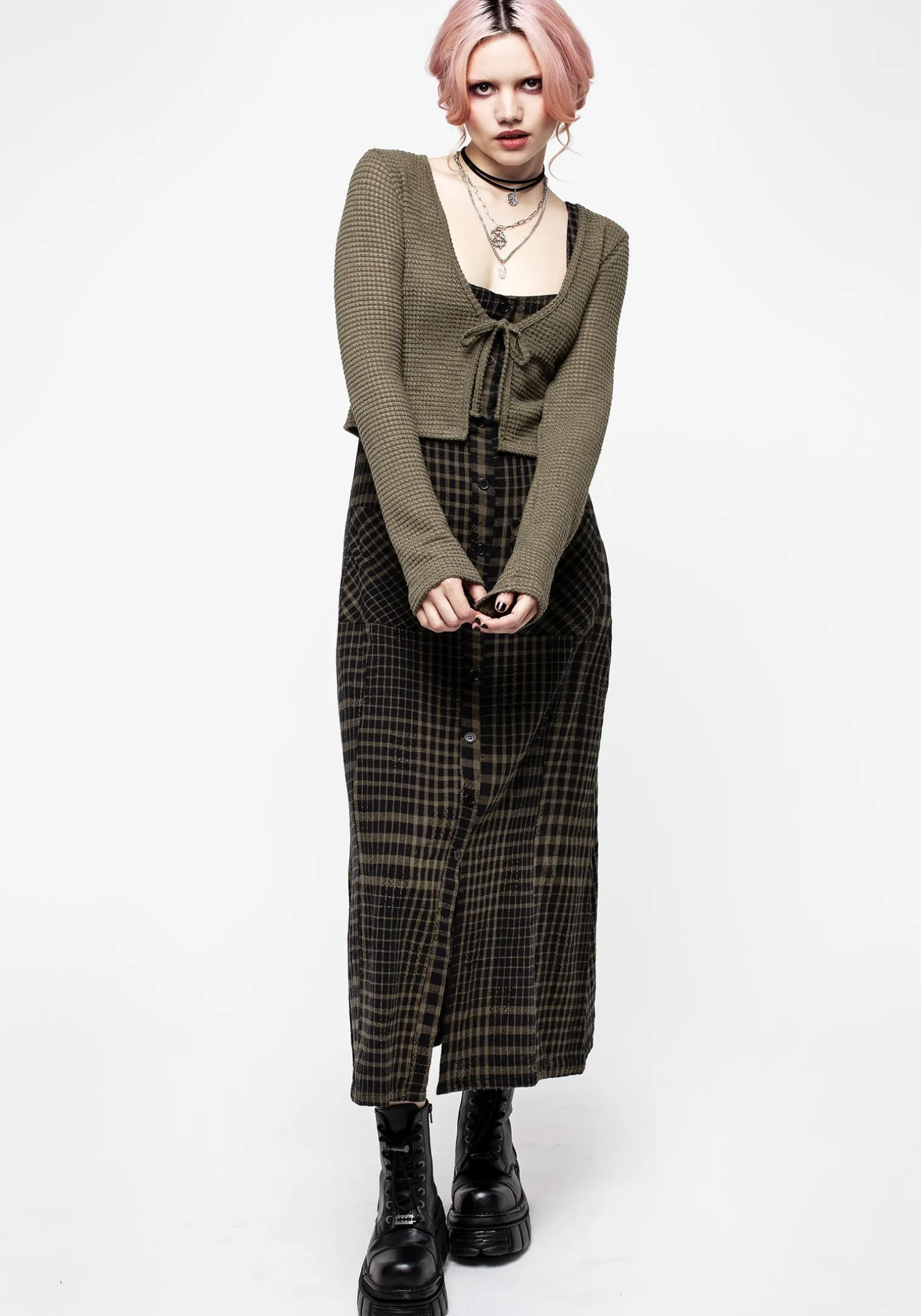 Dropout Check Sleeveless Button Down Midaxi Dress