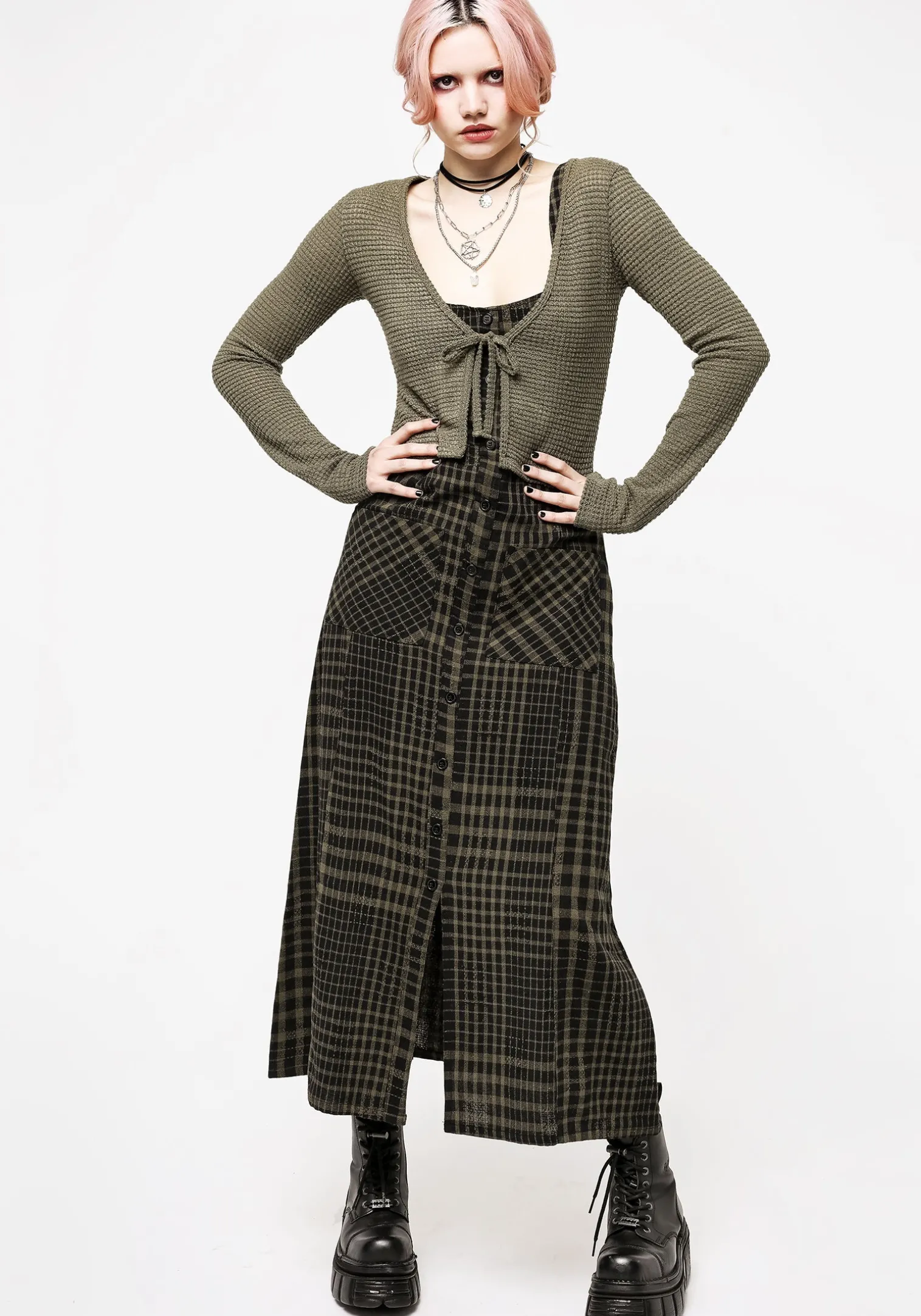 Dropout Check Sleeveless Button Down Midaxi Dress