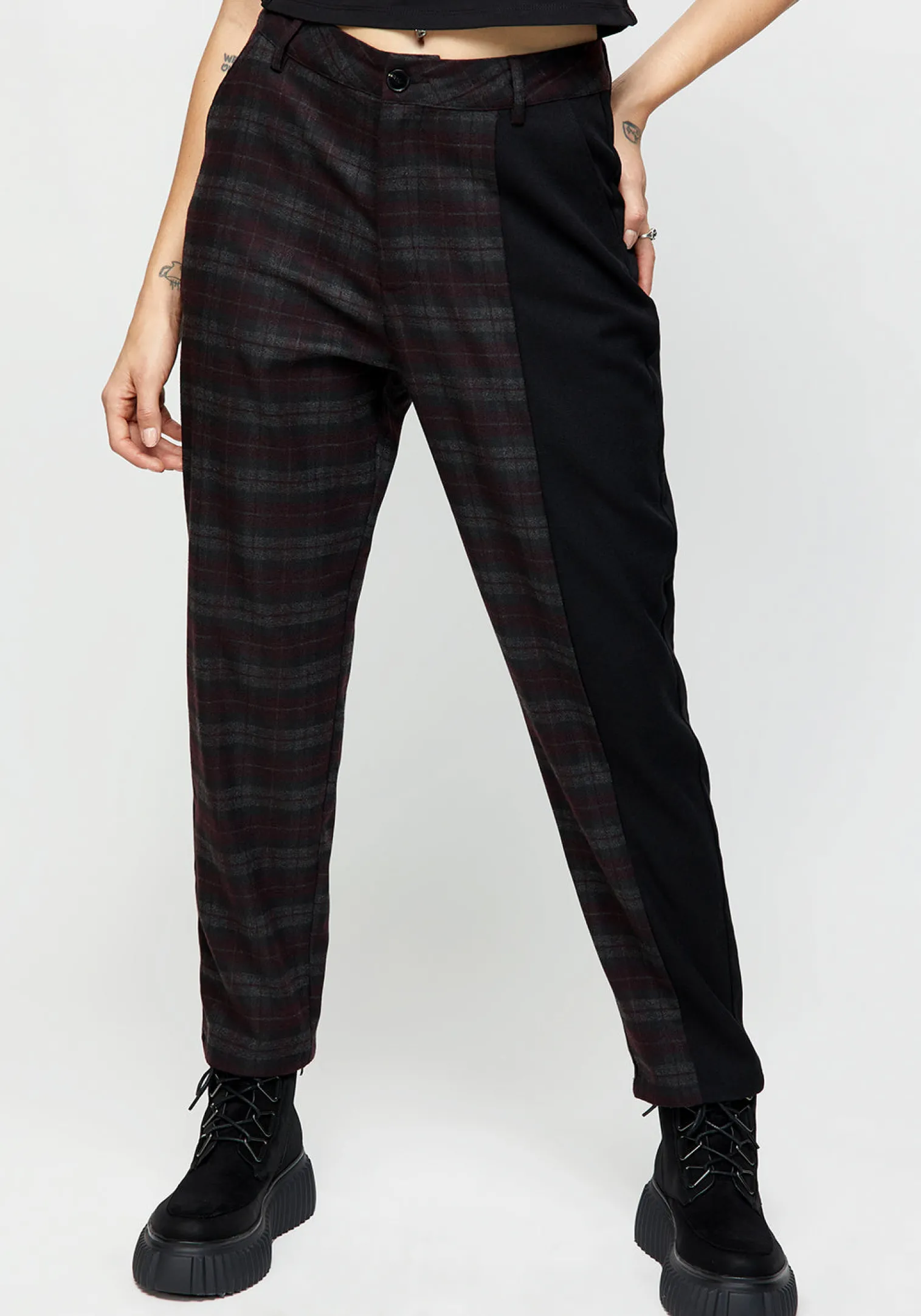 Dropout Spliced Check Mom Trousers