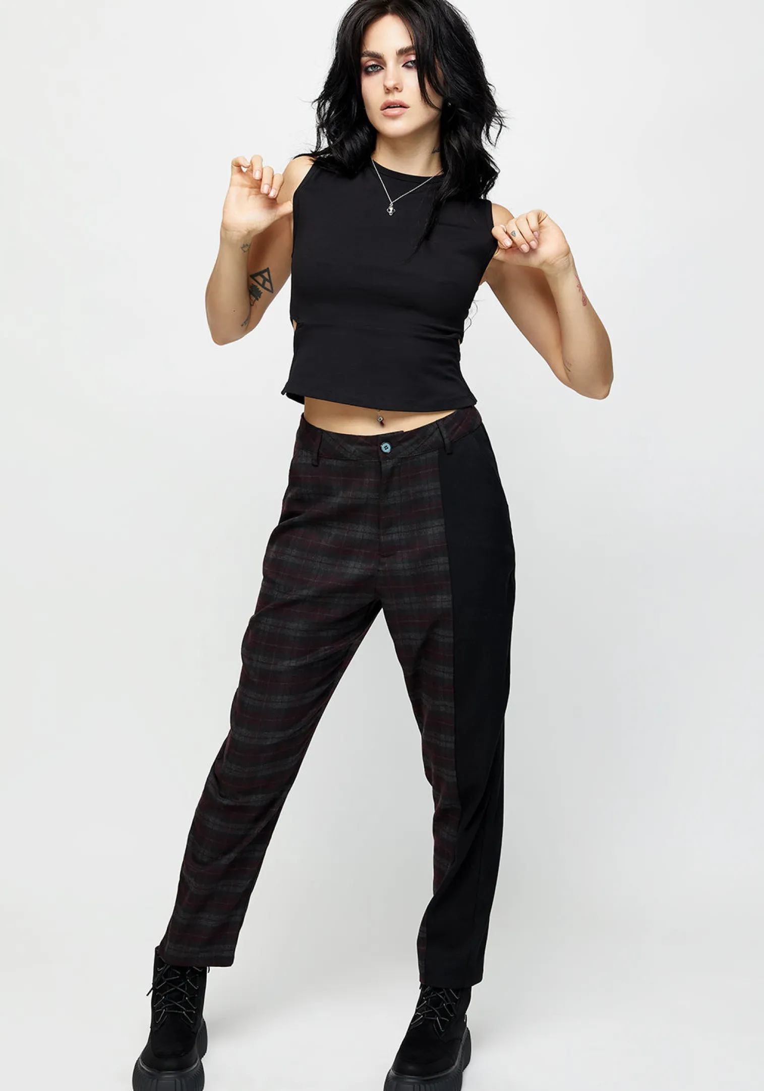 Dropout Spliced Check Mom Trousers