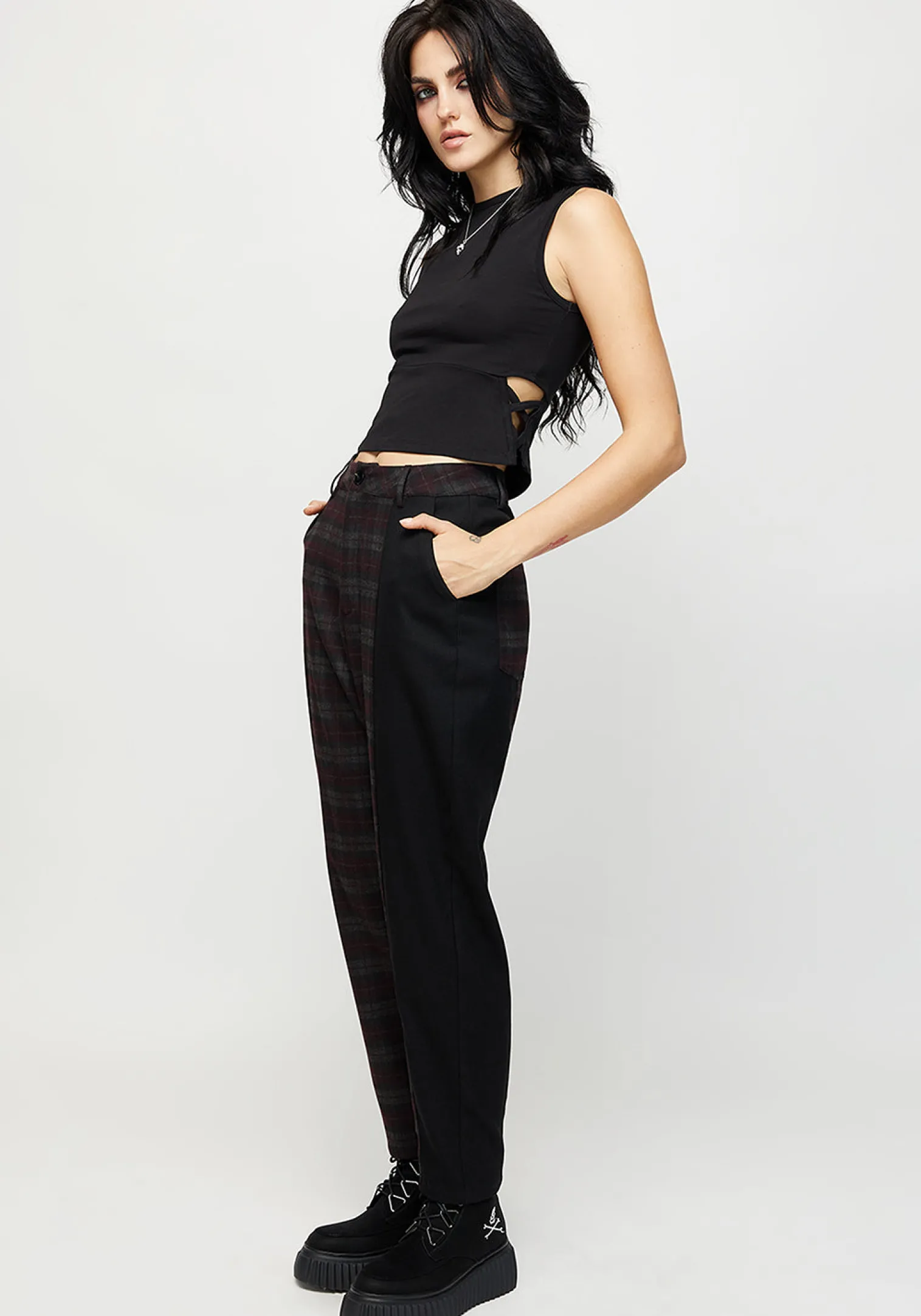Dropout Spliced Check Mom Trousers