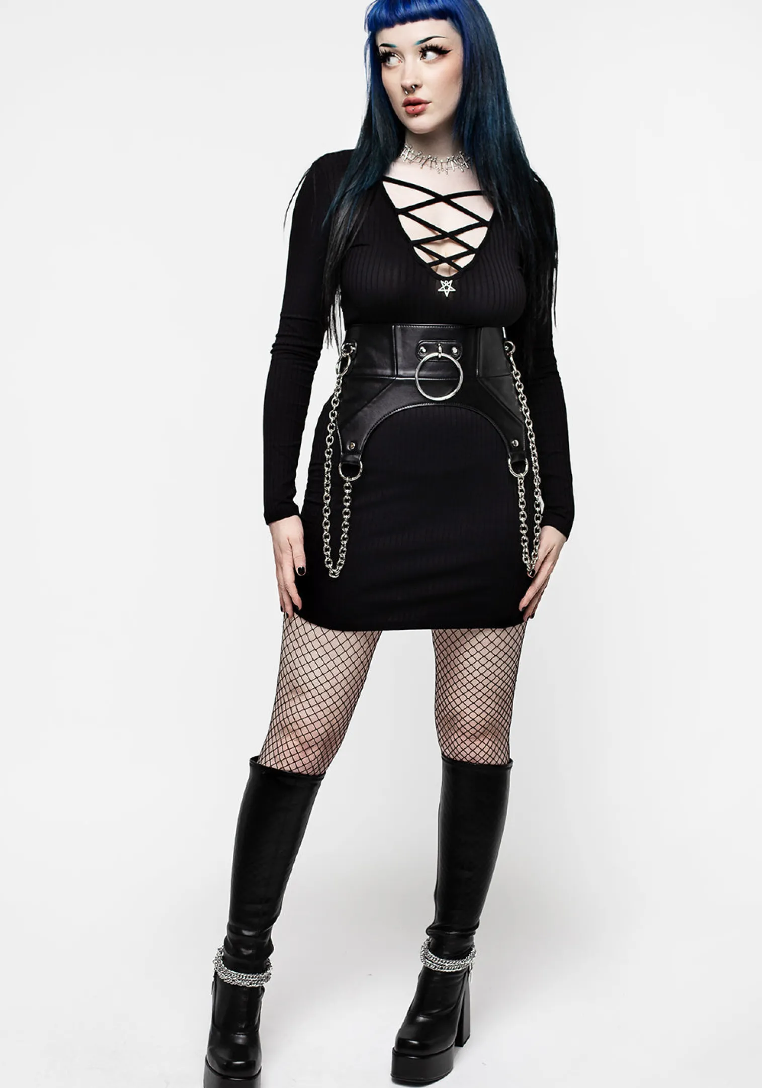 Ebony Plunging Neckline Rib Bodycon Mini Dress