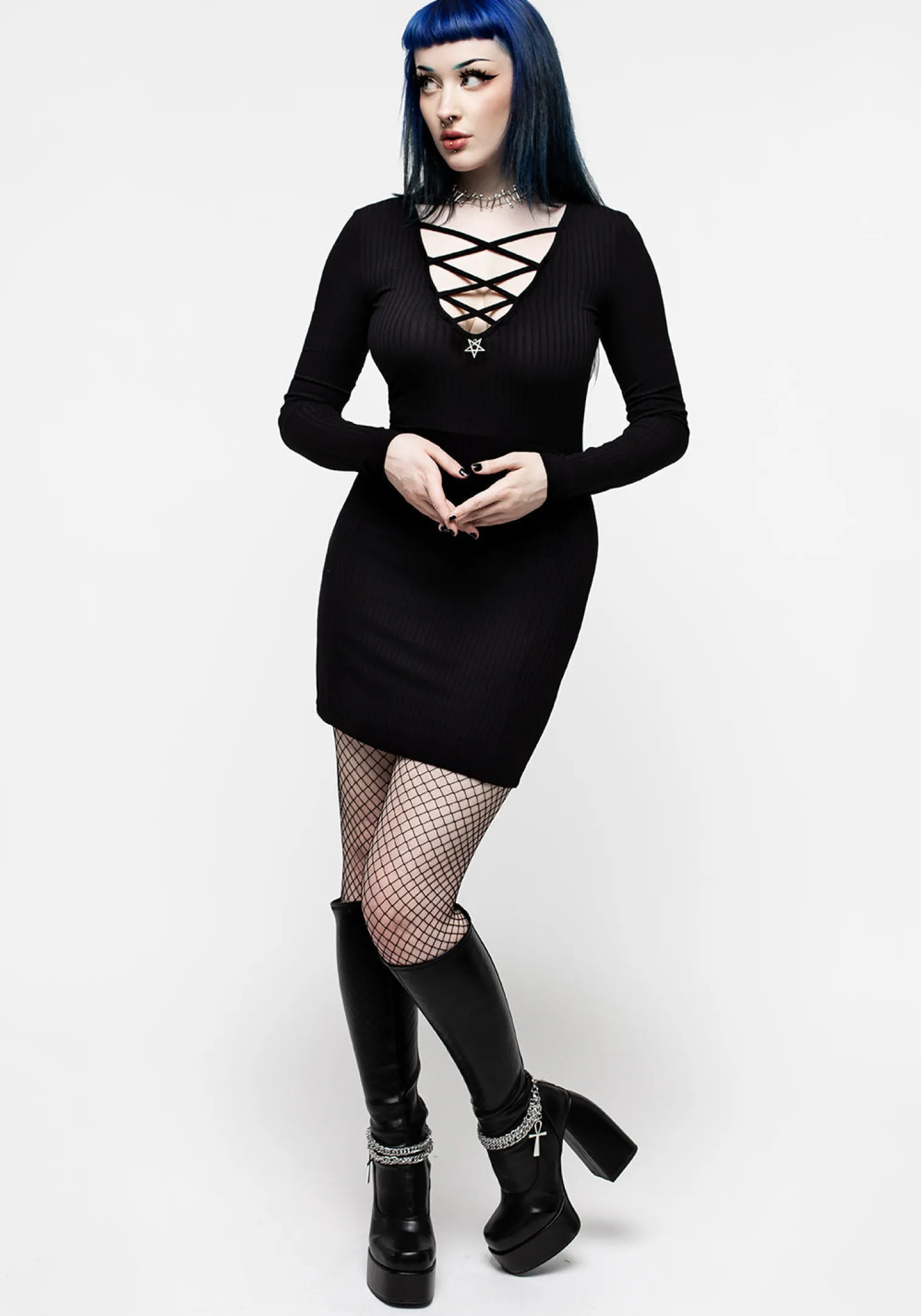 Ebony Plunging Neckline Rib Bodycon Mini Dress