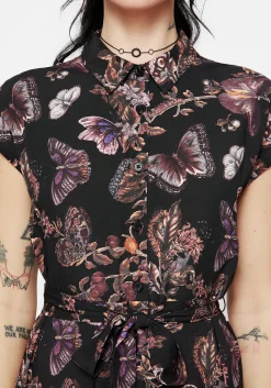 Eloise Floral Butterfly Print Button Up Midi Dress