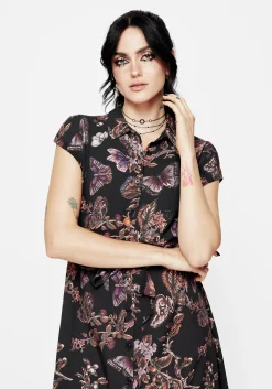 Eloise Floral Butterfly Print Button Up Midi Dress