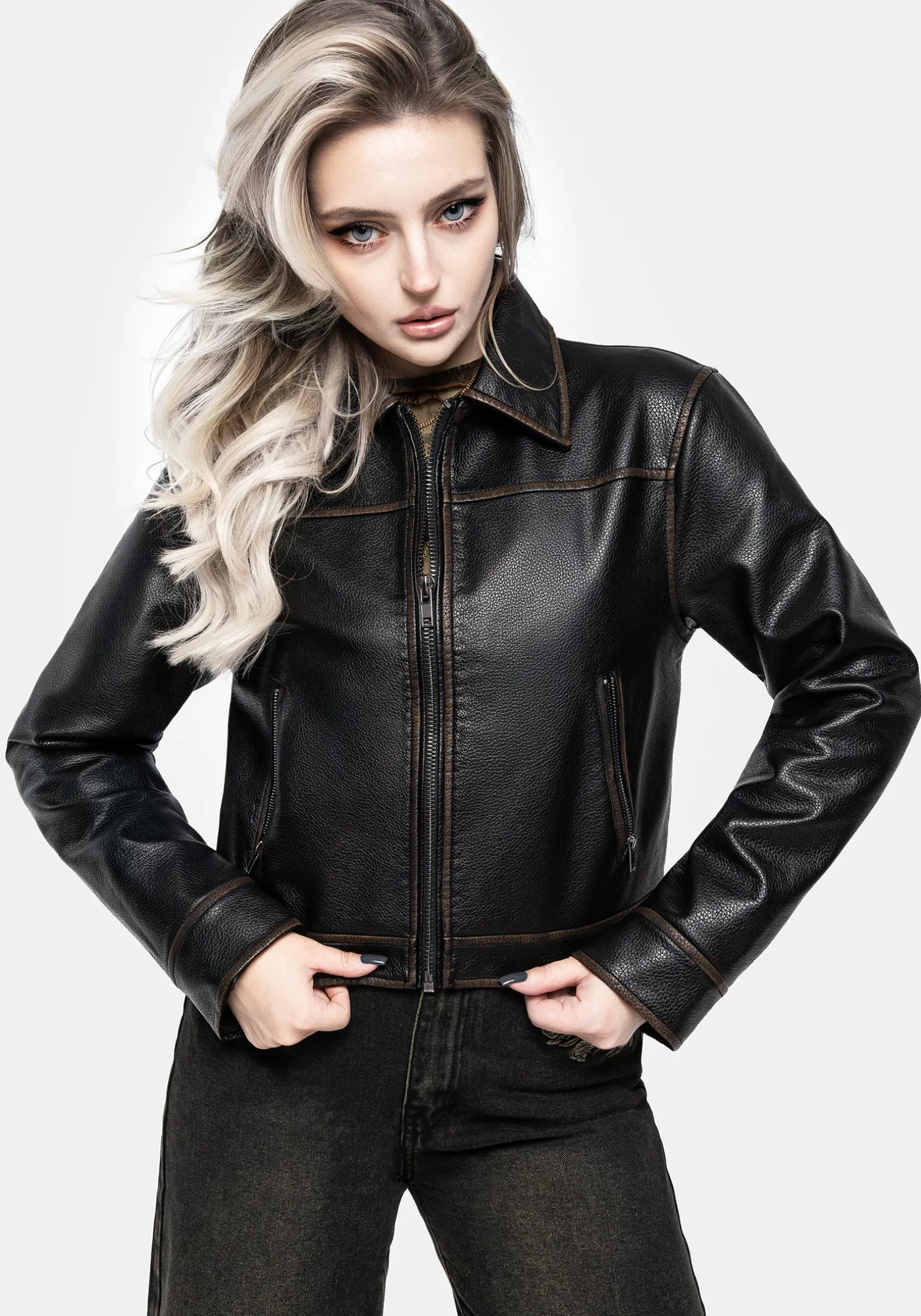 Ermania Crop Faux Leather Jacket