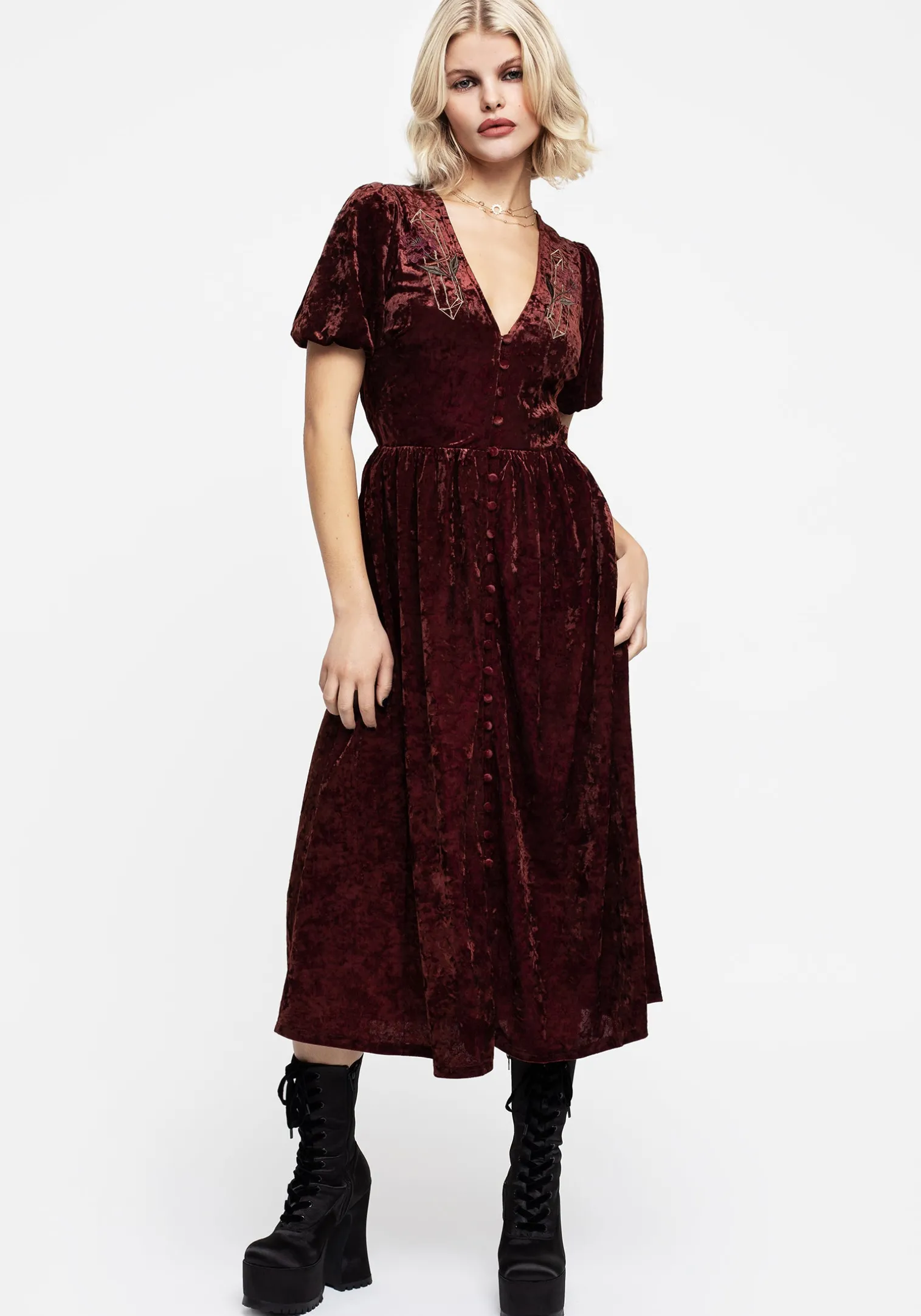 Essence Crushed Velour Button Up Midi Dress