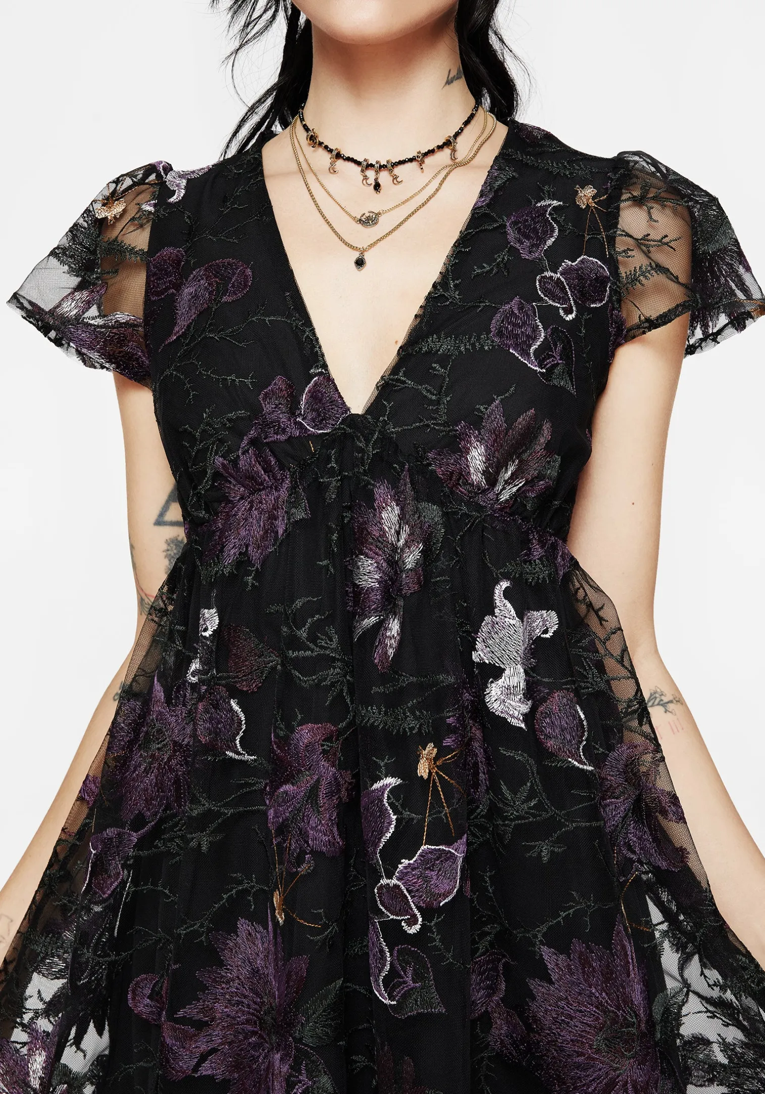 Estrid Embroidered Mesh Flute Sleeve Mini Dress