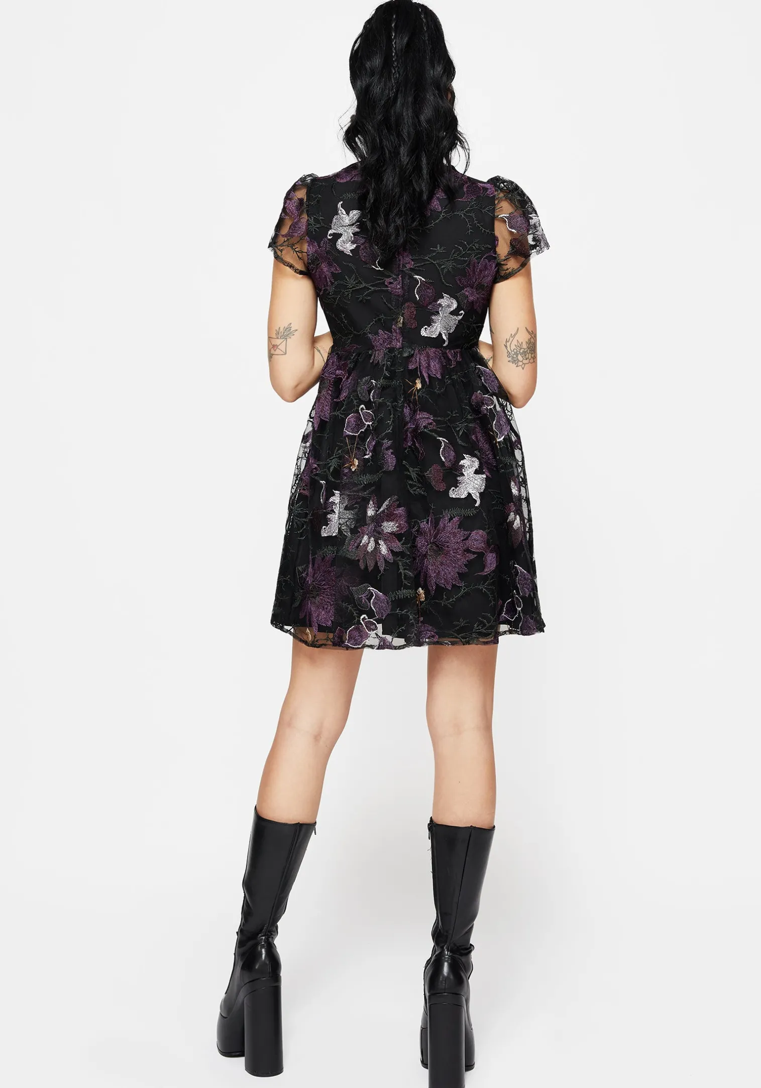 Estrid Embroidered Mesh Flute Sleeve Mini Dress