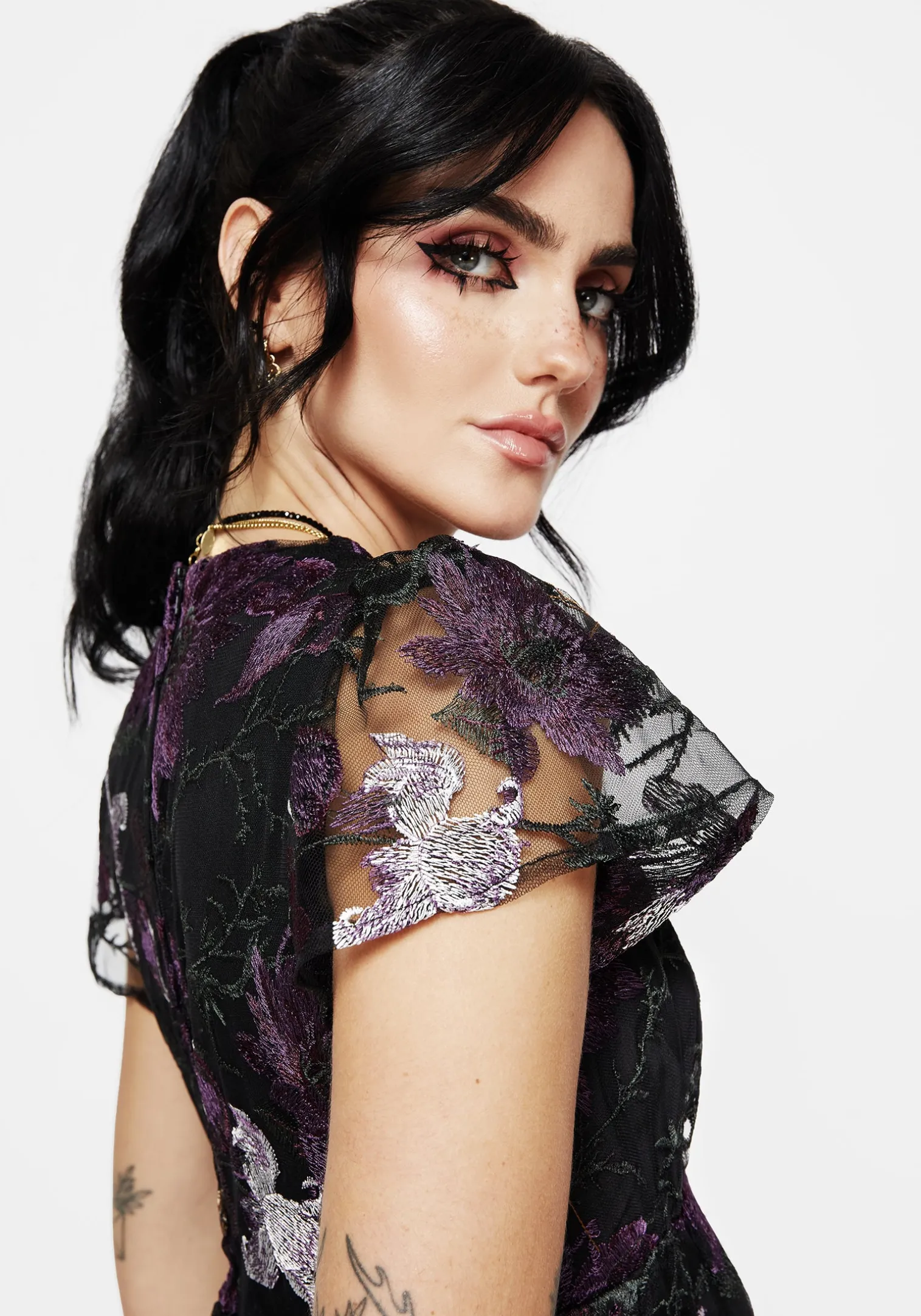 Estrid Embroidered Mesh Flute Sleeve Mini Dress